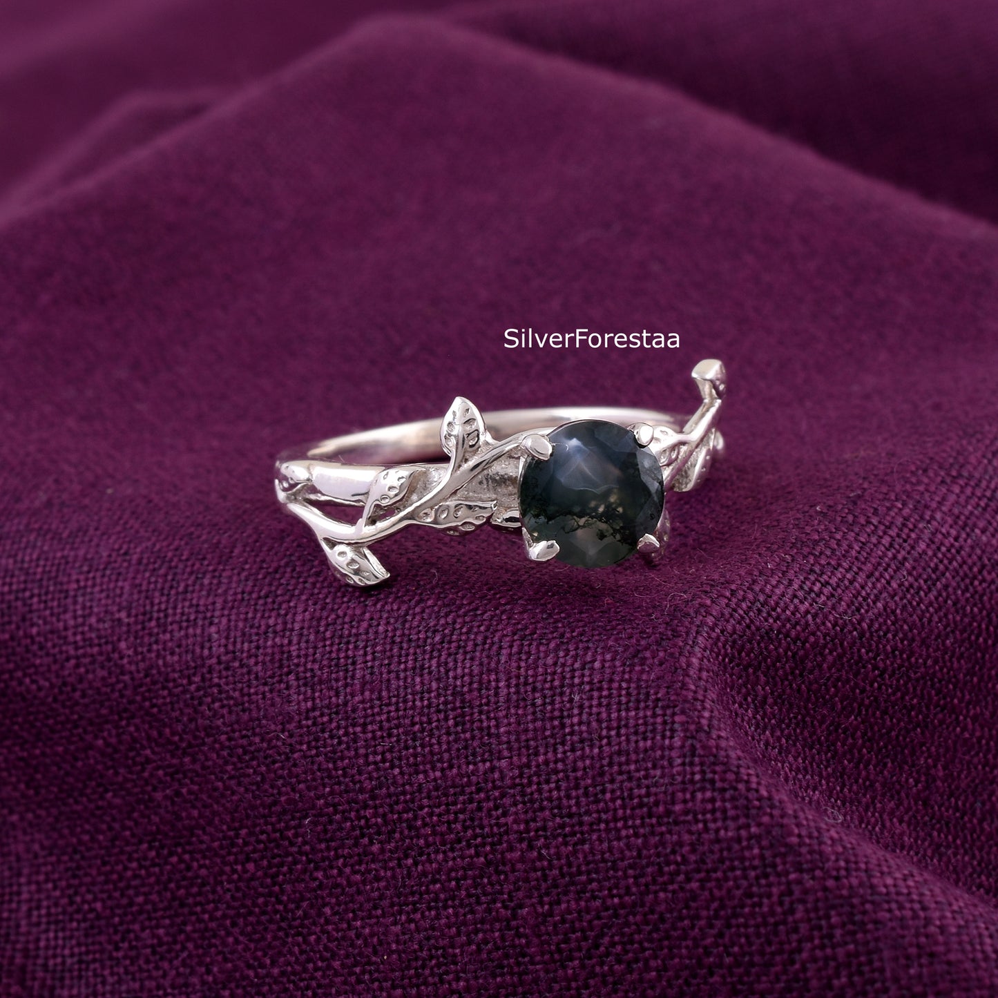 Dainty Leaf Moss Agate Ring – Solid 925 Sterling Silver