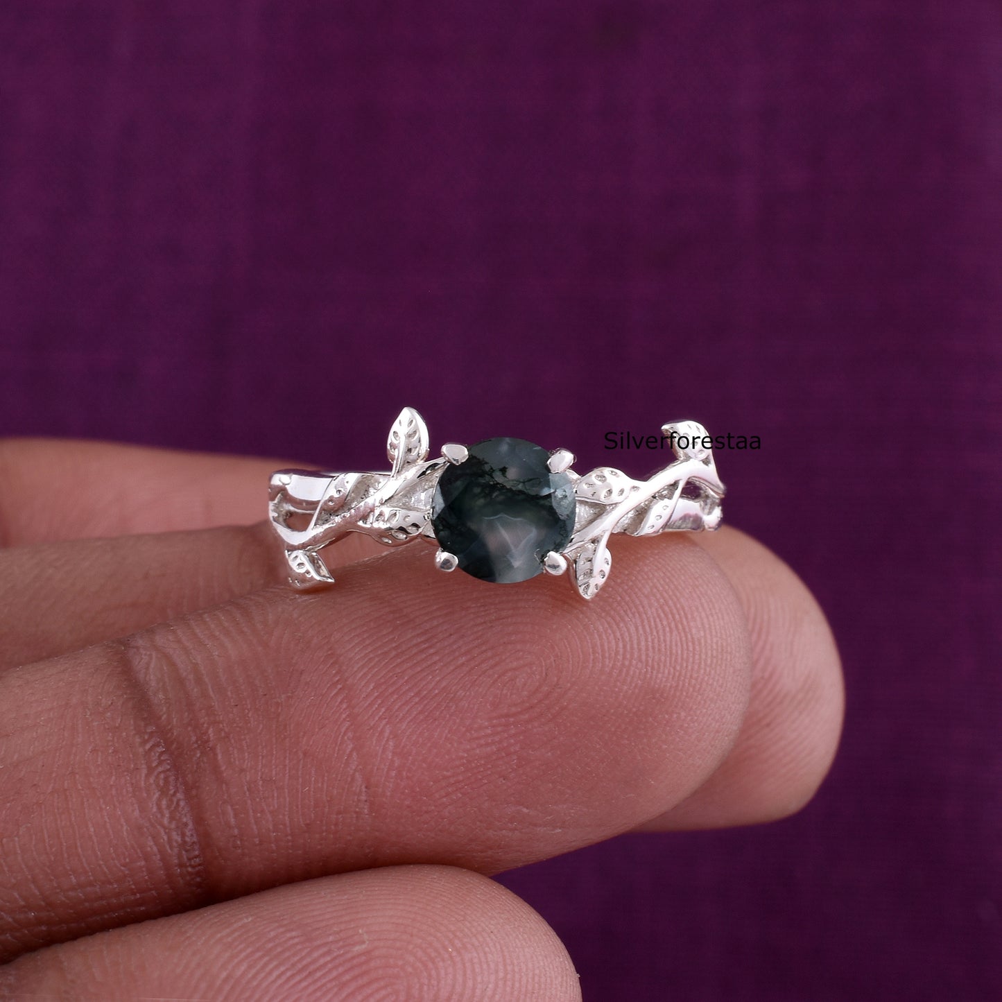Dainty Leaf Moss Agate Ring – Solid 925 Sterling Silver