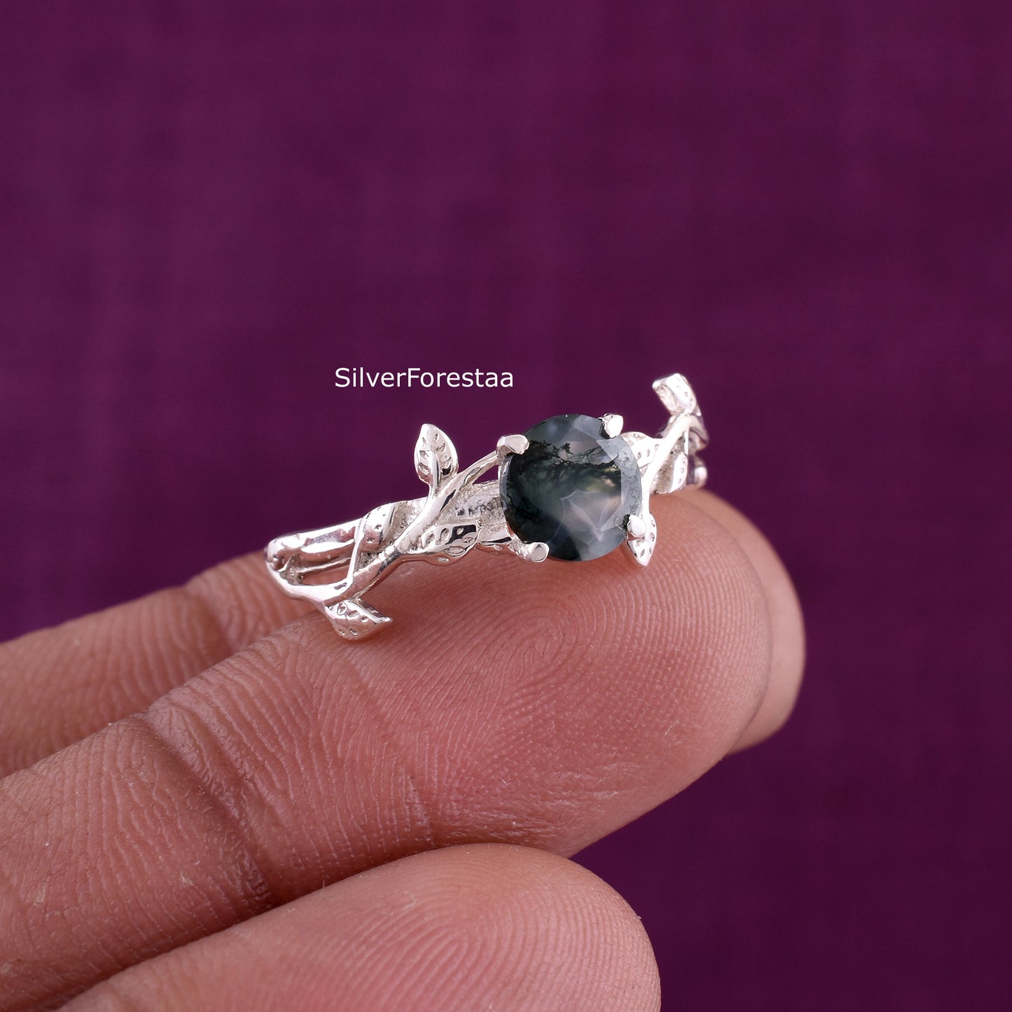 Dainty Leaf Moss Agate Ring – Solid 925 Sterling Silver