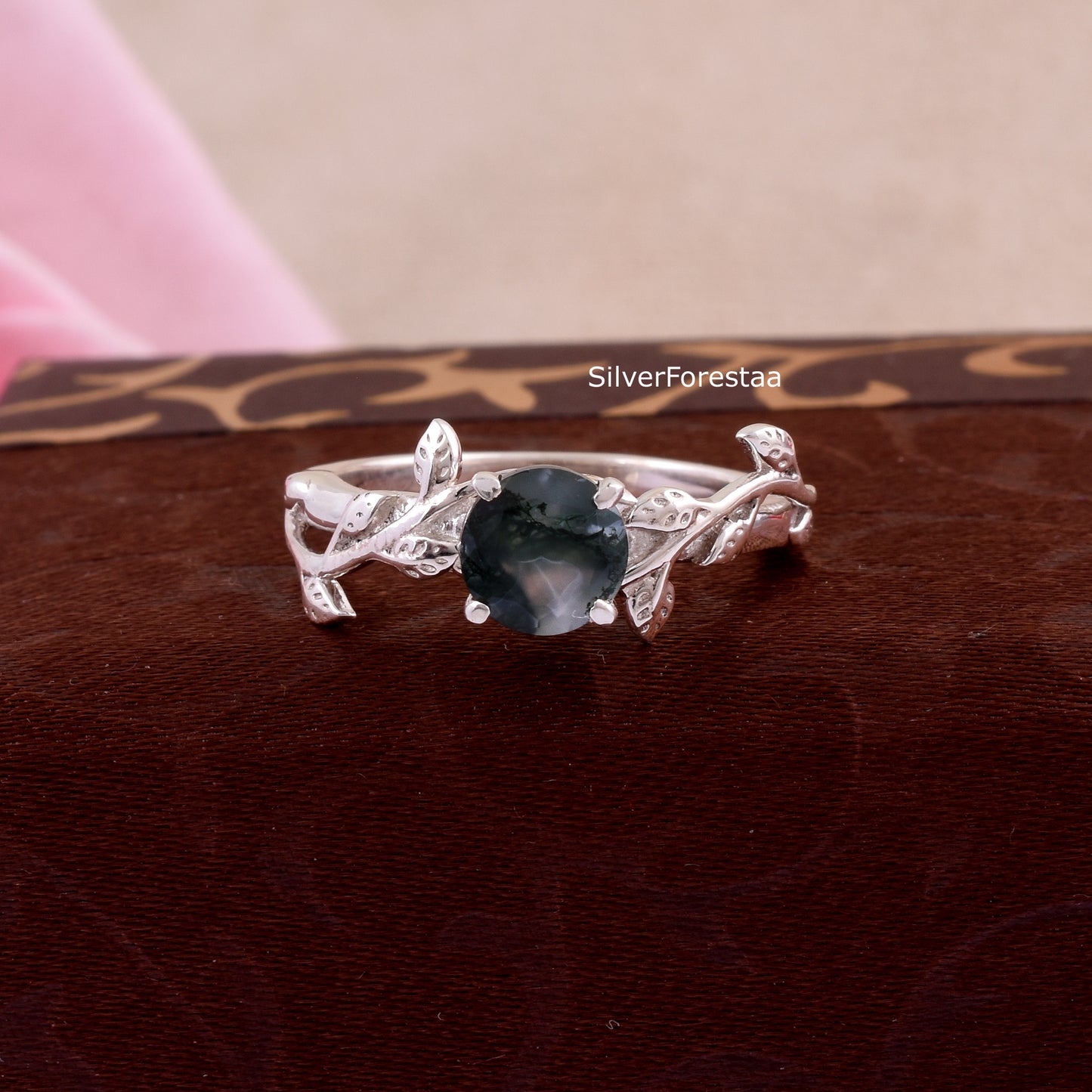 Dainty Leaf Moss Agate Ring – Solid 925 Sterling Silver