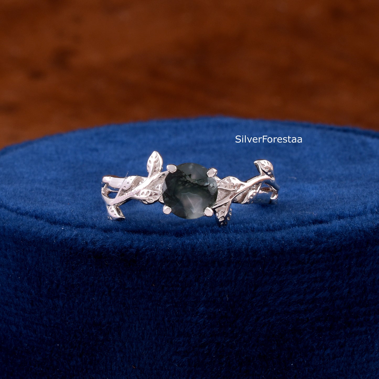 Dainty Leaf Moss Agate Ring – Solid 925 Sterling Silver