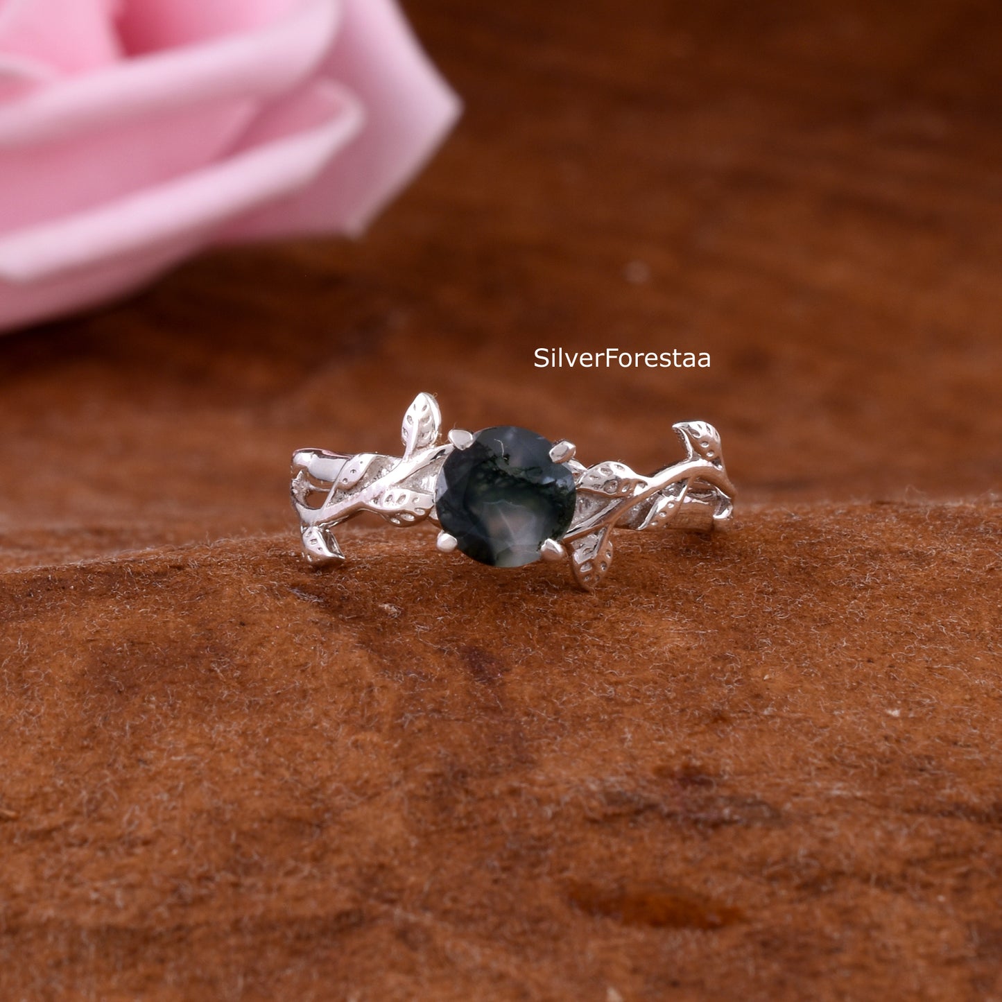 Dainty Leaf Moss Agate Ring – Solid 925 Sterling Silver