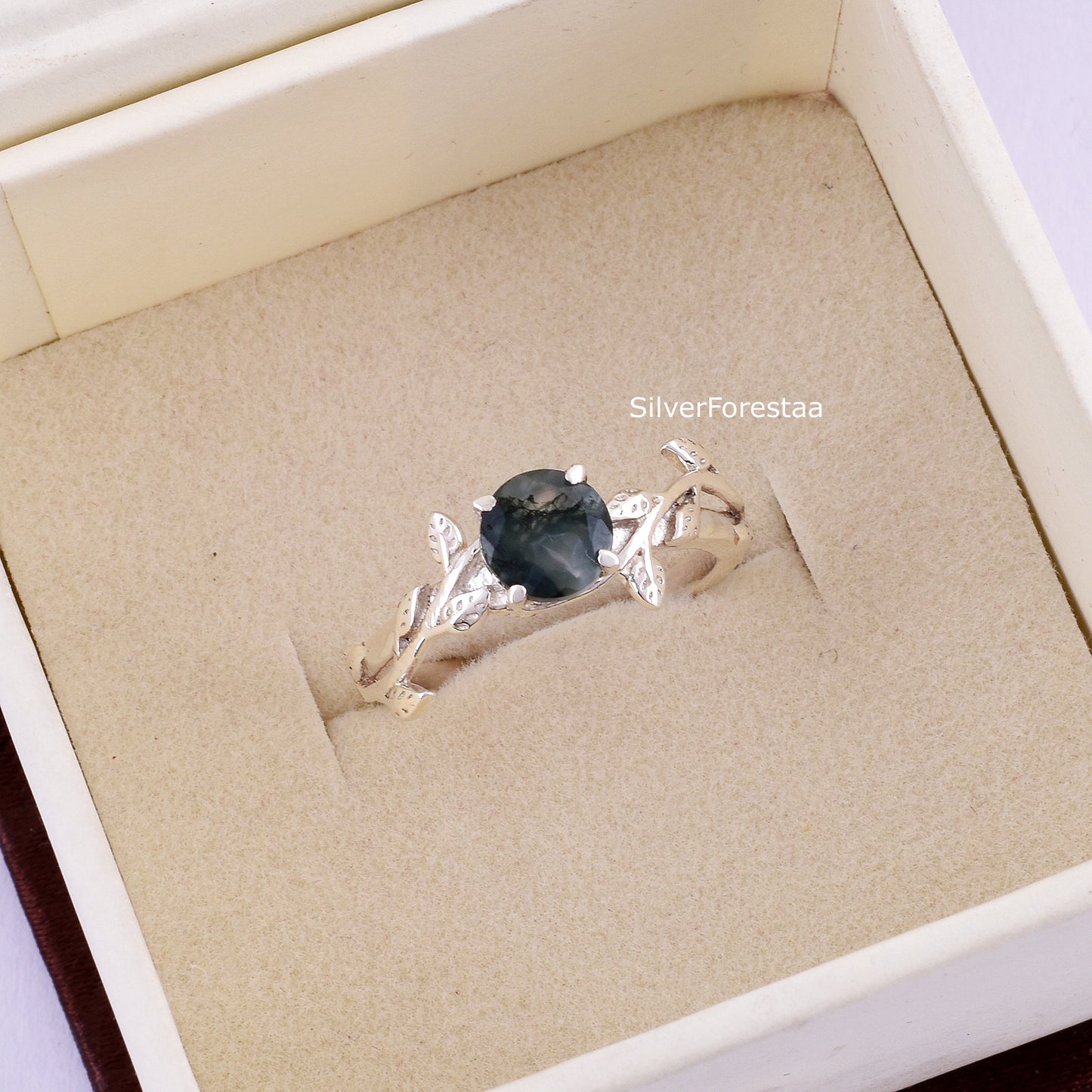 Dainty Leaf Moss Agate Ring – Solid 925 Sterling Silver