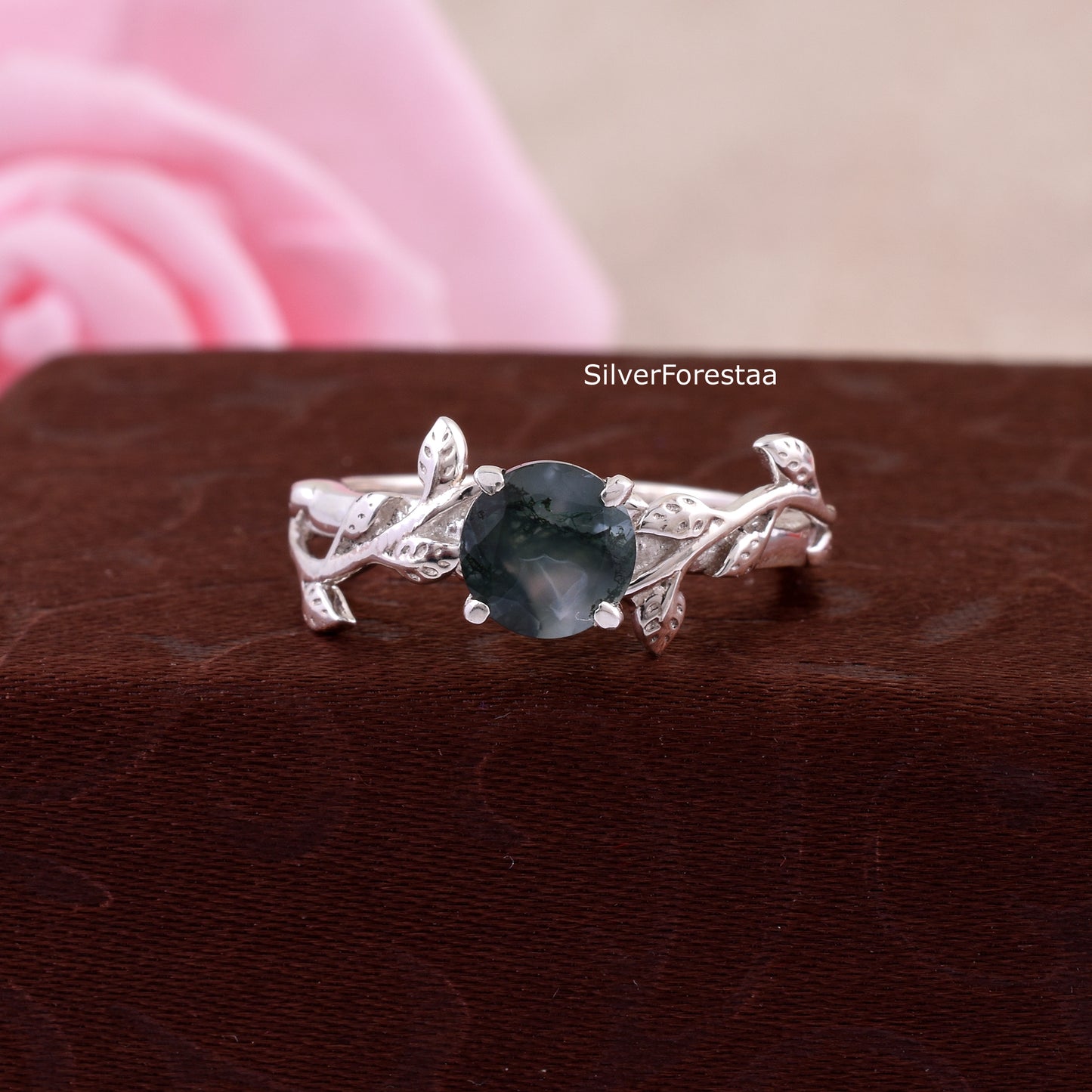 Dainty Leaf Moss Agate Ring – Solid 925 Sterling Silver