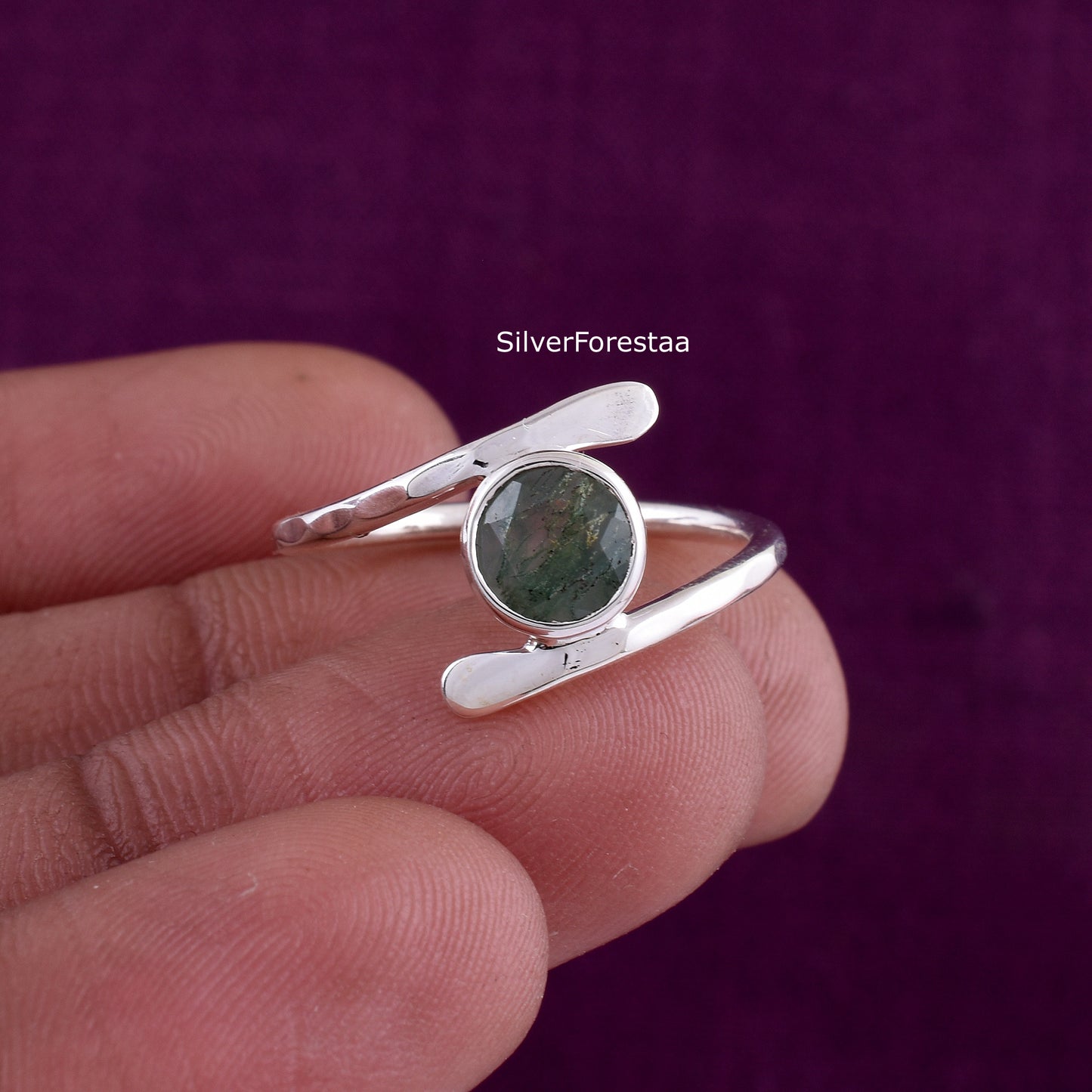 Vintage Style Moss Agate Ring in 925 Sterling Silver