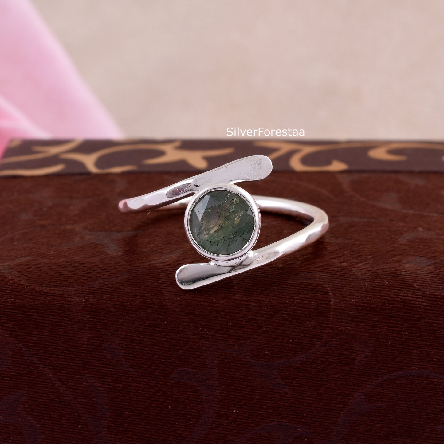 Vintage Style Moss Agate Ring in 925 Sterling Silver