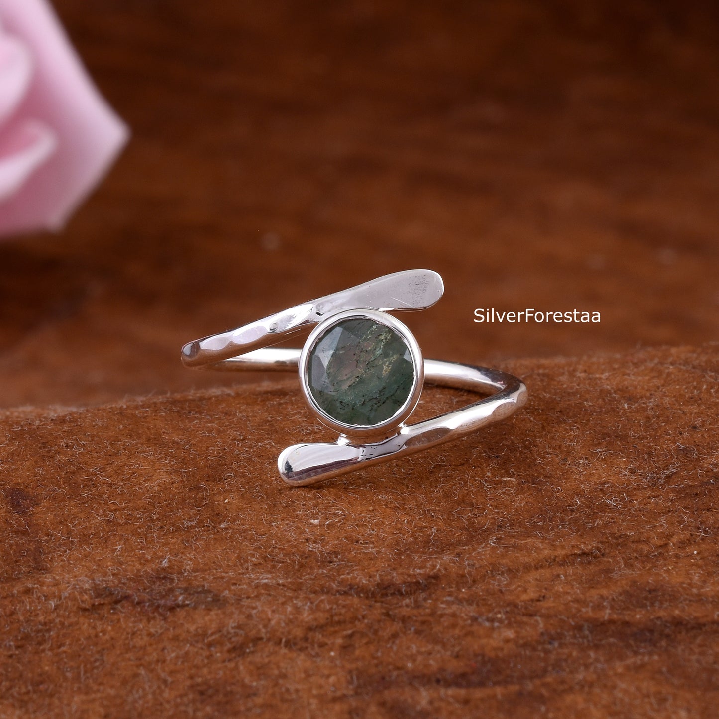 Vintage Style Moss Agate Ring in 925 Sterling Silver