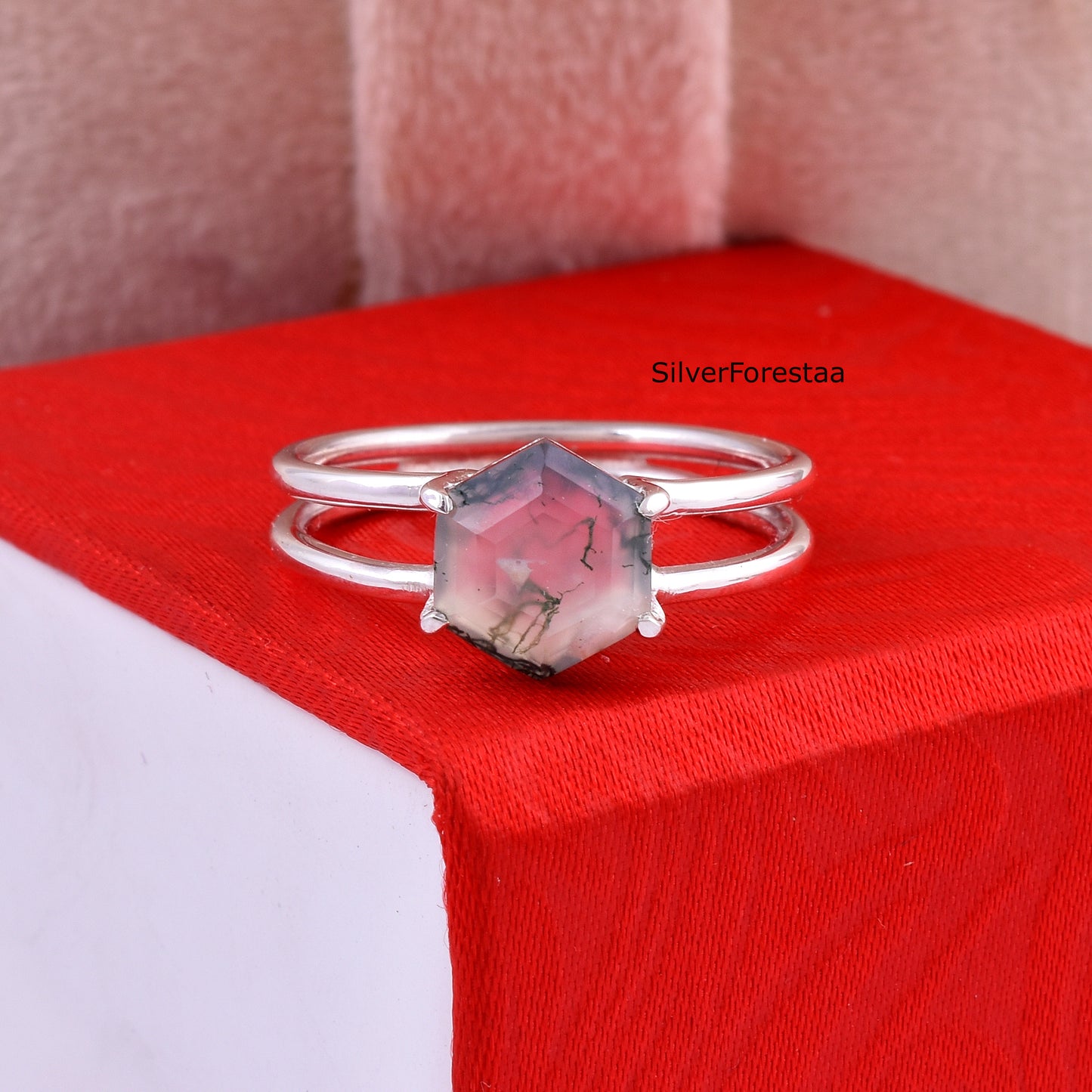 Dainty Moss Agate Ring – Genuine 925 Sterling Silver