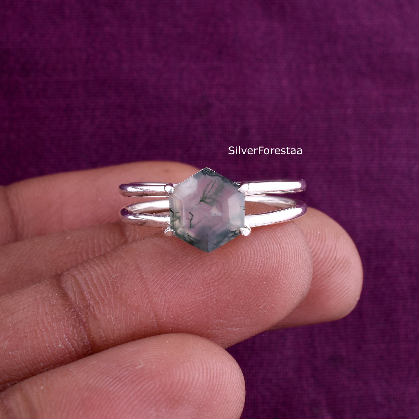 Dainty Moss Agate Ring – Genuine 925 Sterling Silver