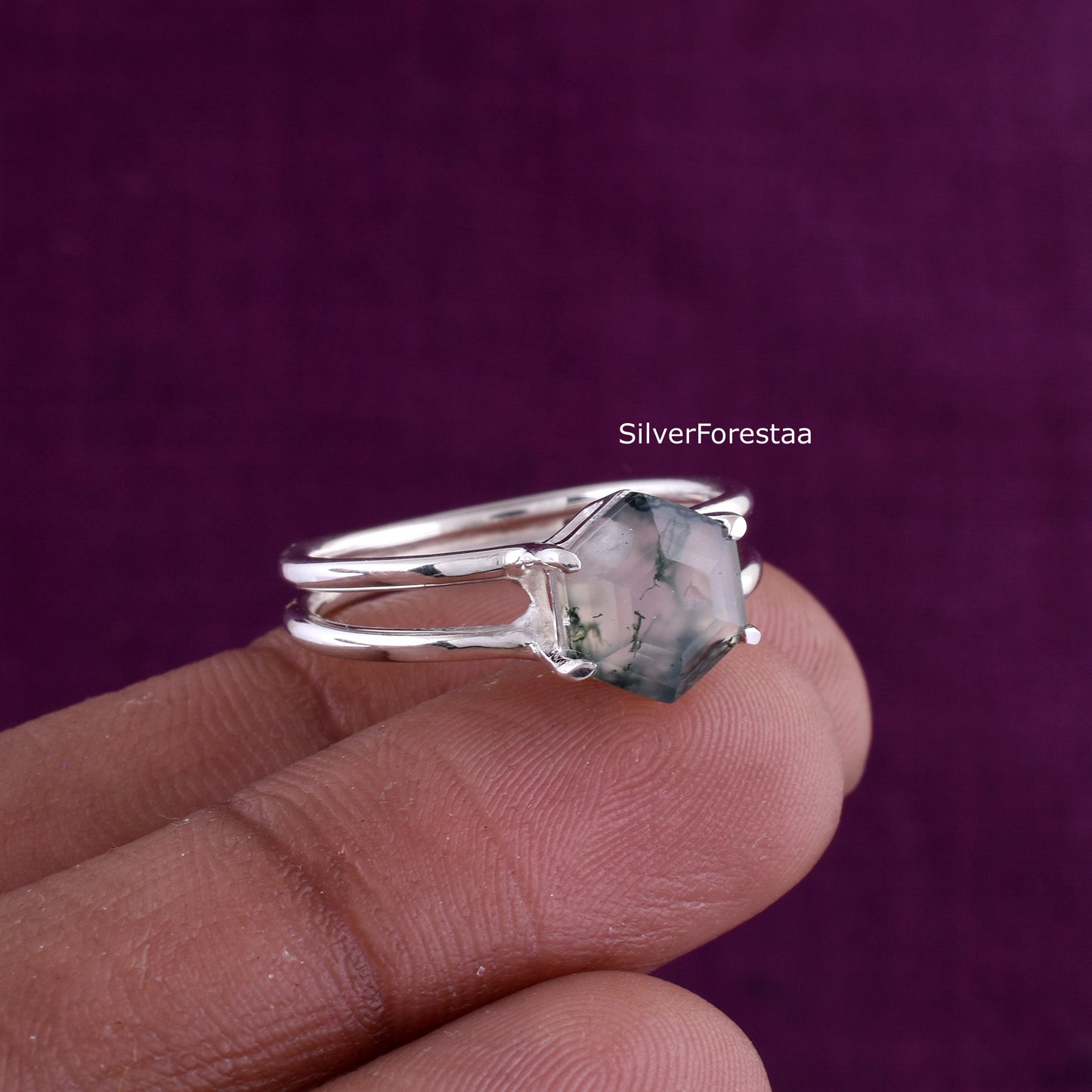 Dainty Moss Agate Ring – Genuine 925 Sterling Silver