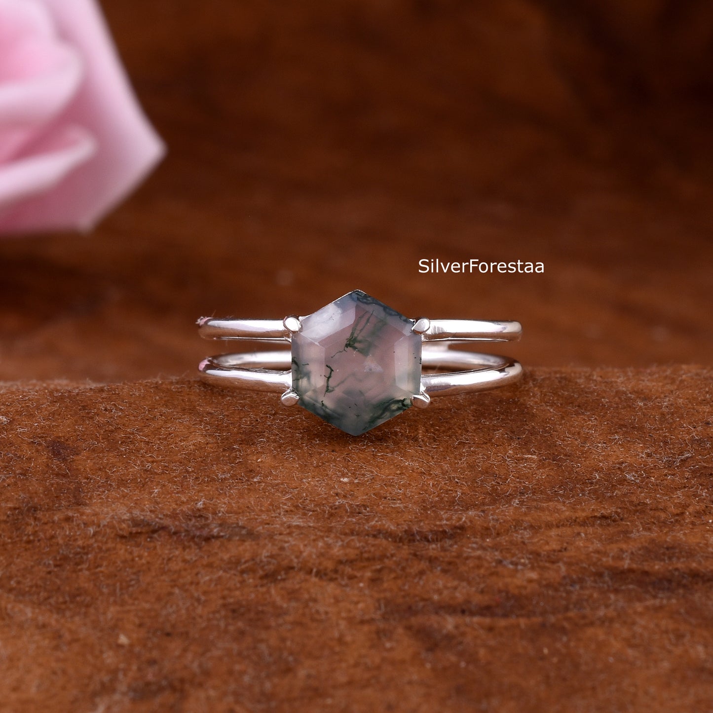 Dainty Moss Agate Ring – Genuine 925 Sterling Silver