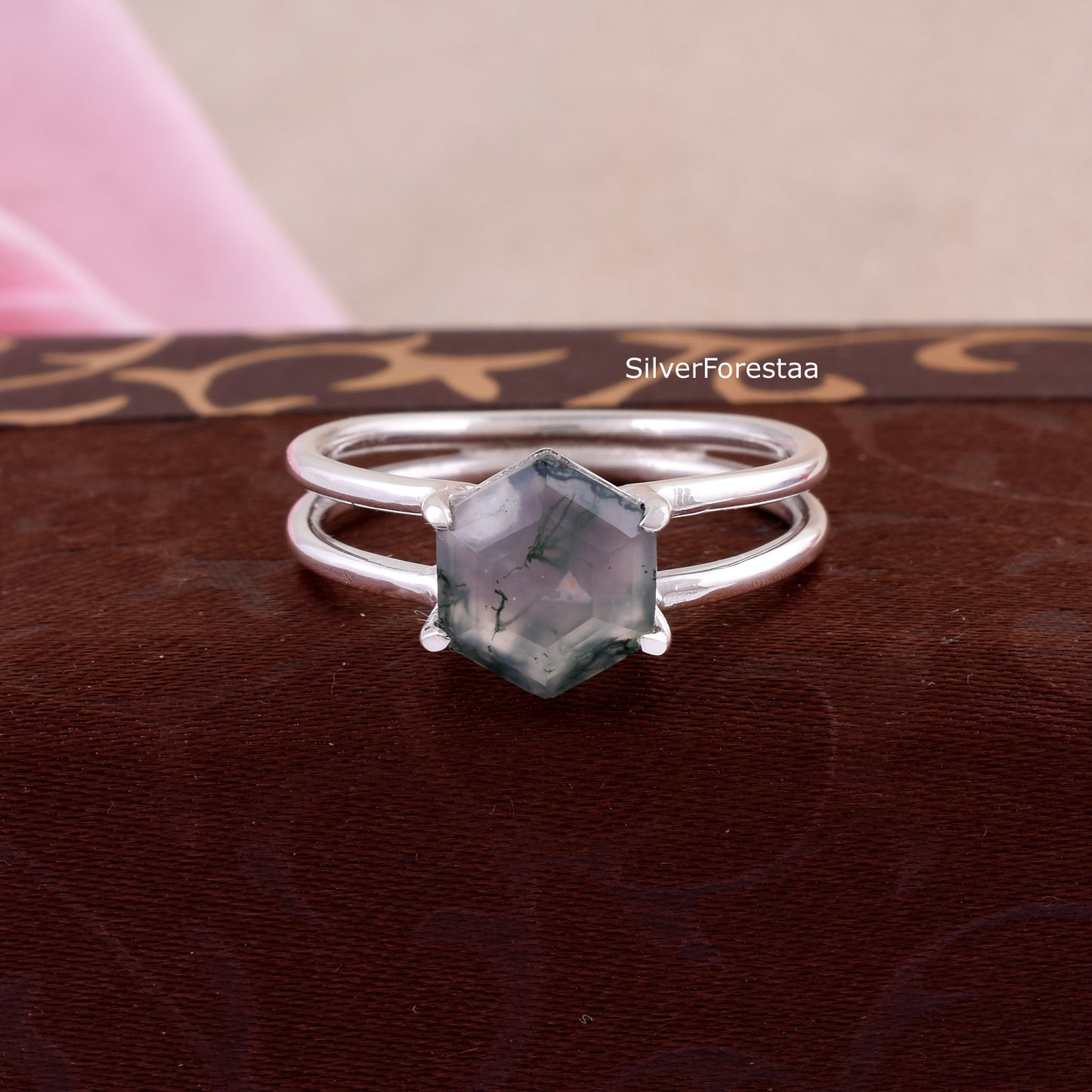 Dainty Moss Agate Ring – Genuine 925 Sterling Silver