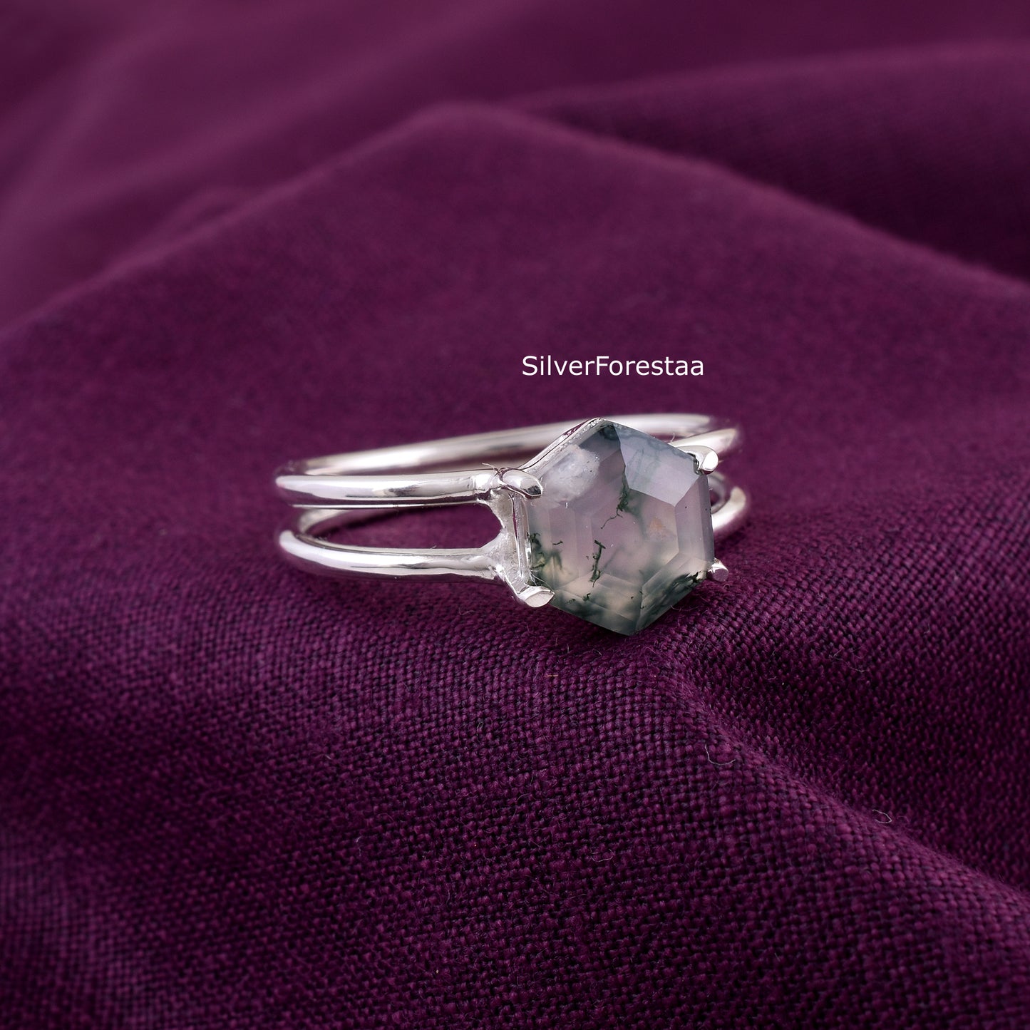 Dainty Moss Agate Ring – Genuine 925 Sterling Silver