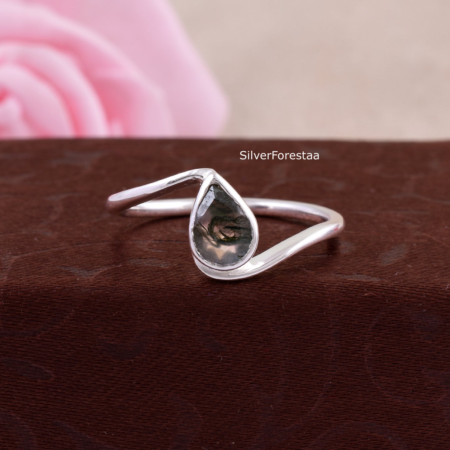 Nature-Inspired Moss Agate Silver Ring – 925 Sterling