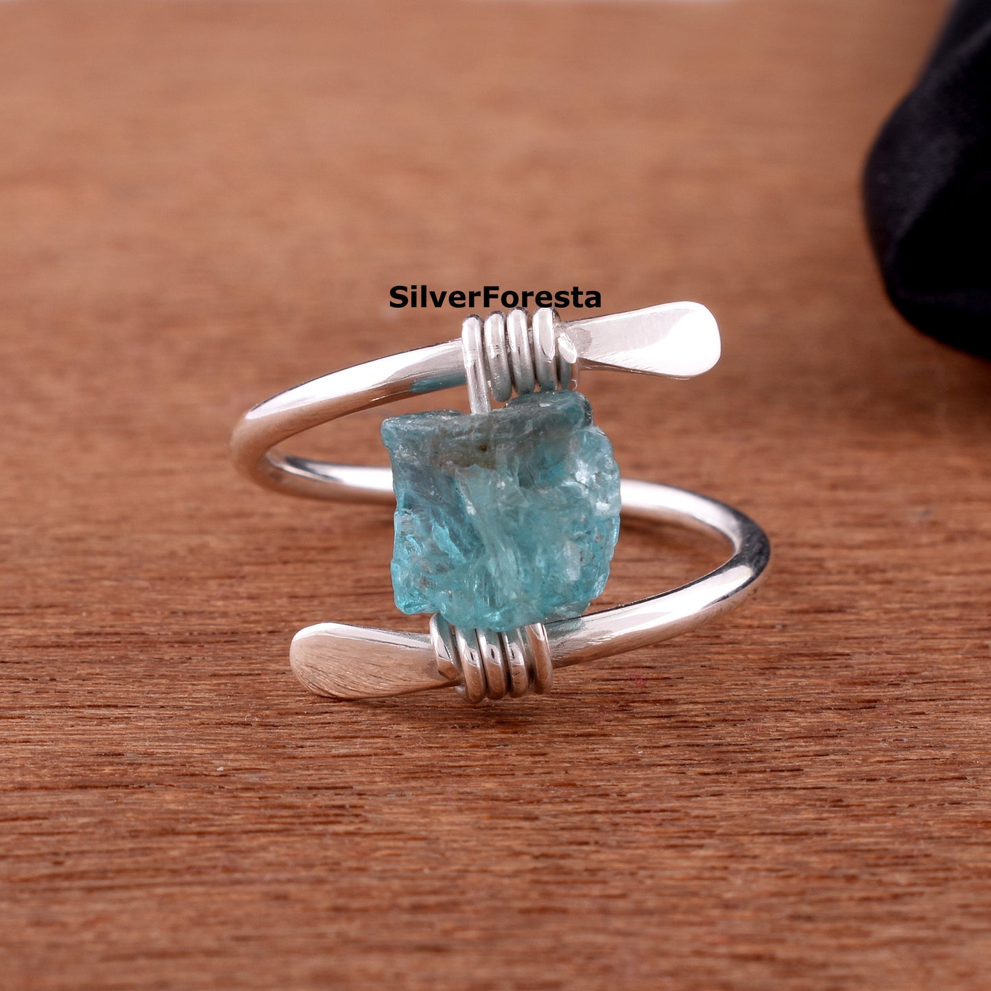 Handcrafted Raw Rough Blue Apatite Gemstone Ring – Sterling Silver Wire Wrap