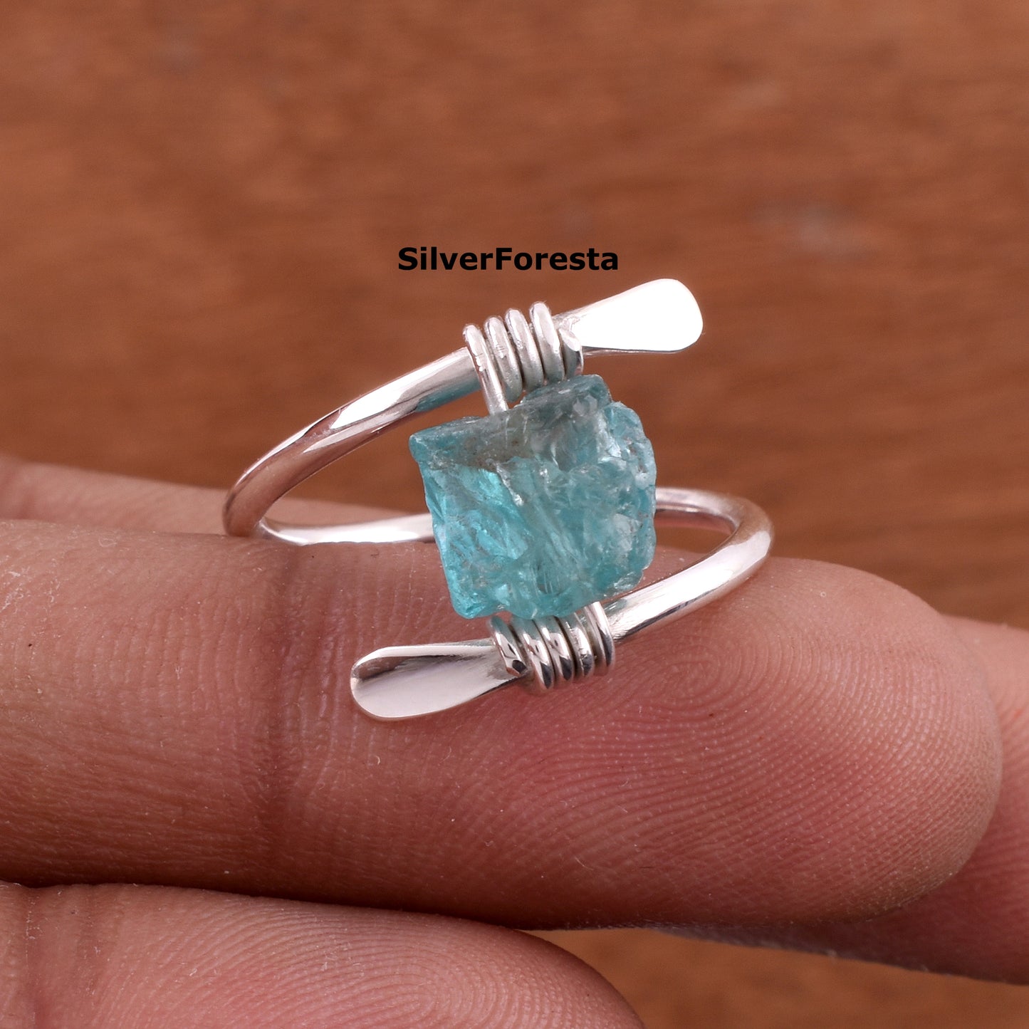 Handcrafted Raw Rough Blue Apatite Gemstone Ring – Sterling Silver Wire Wrap