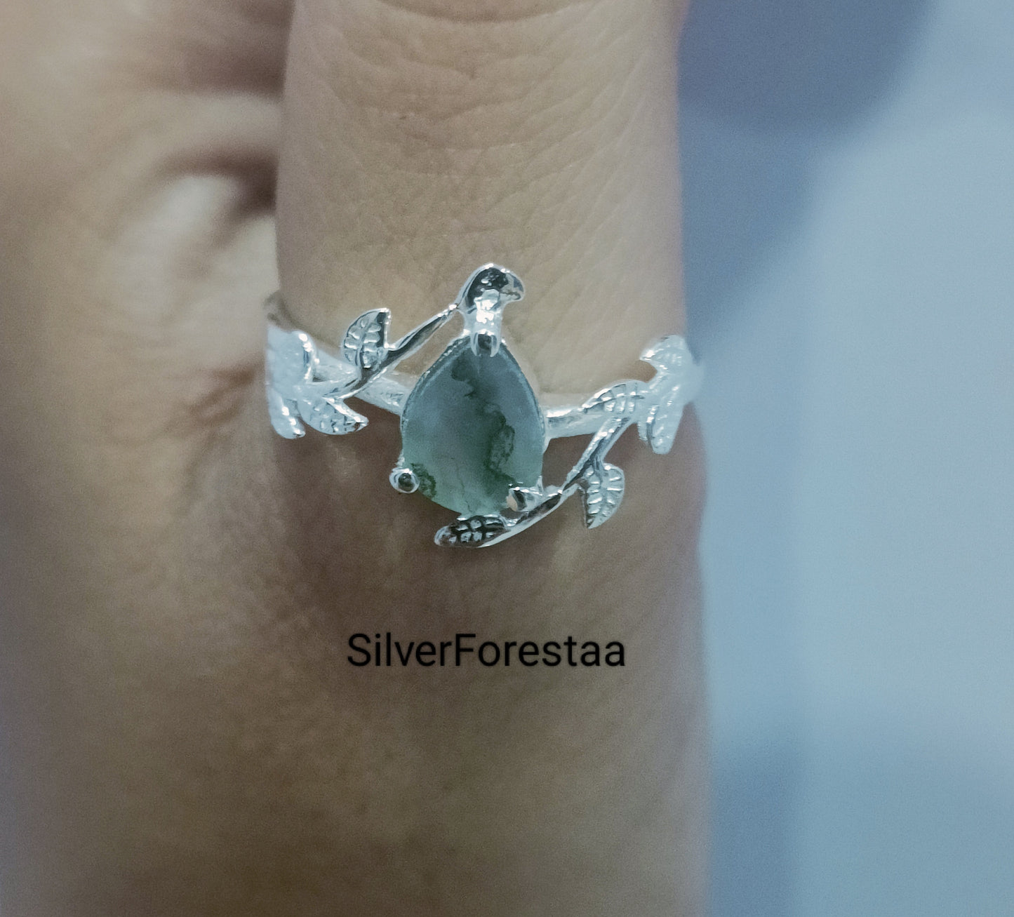 Nature's Embrace: Moss Agate Leaf Ring in Solid Silver