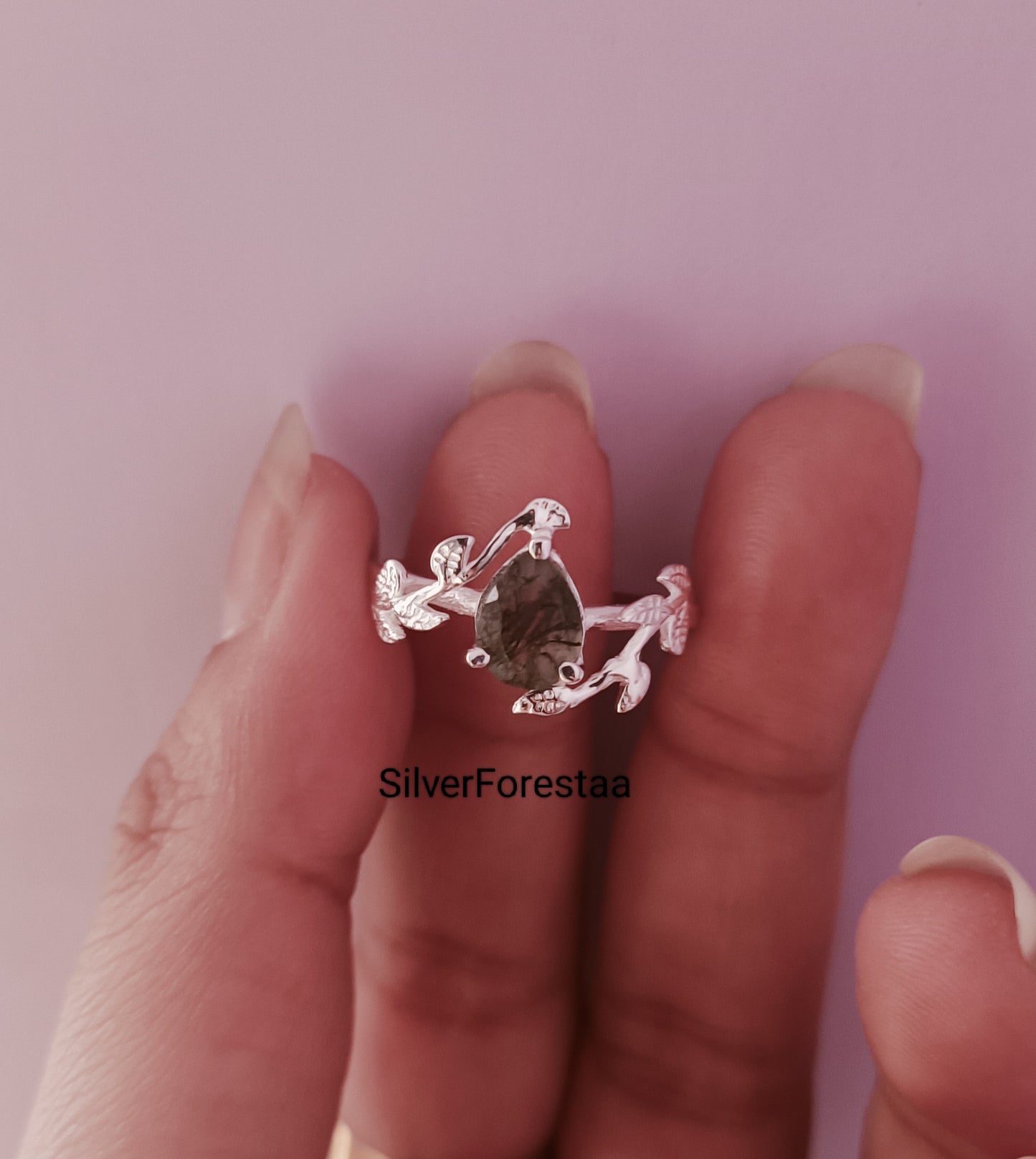 Nature's Embrace: Moss Agate Leaf Ring in Solid Silver