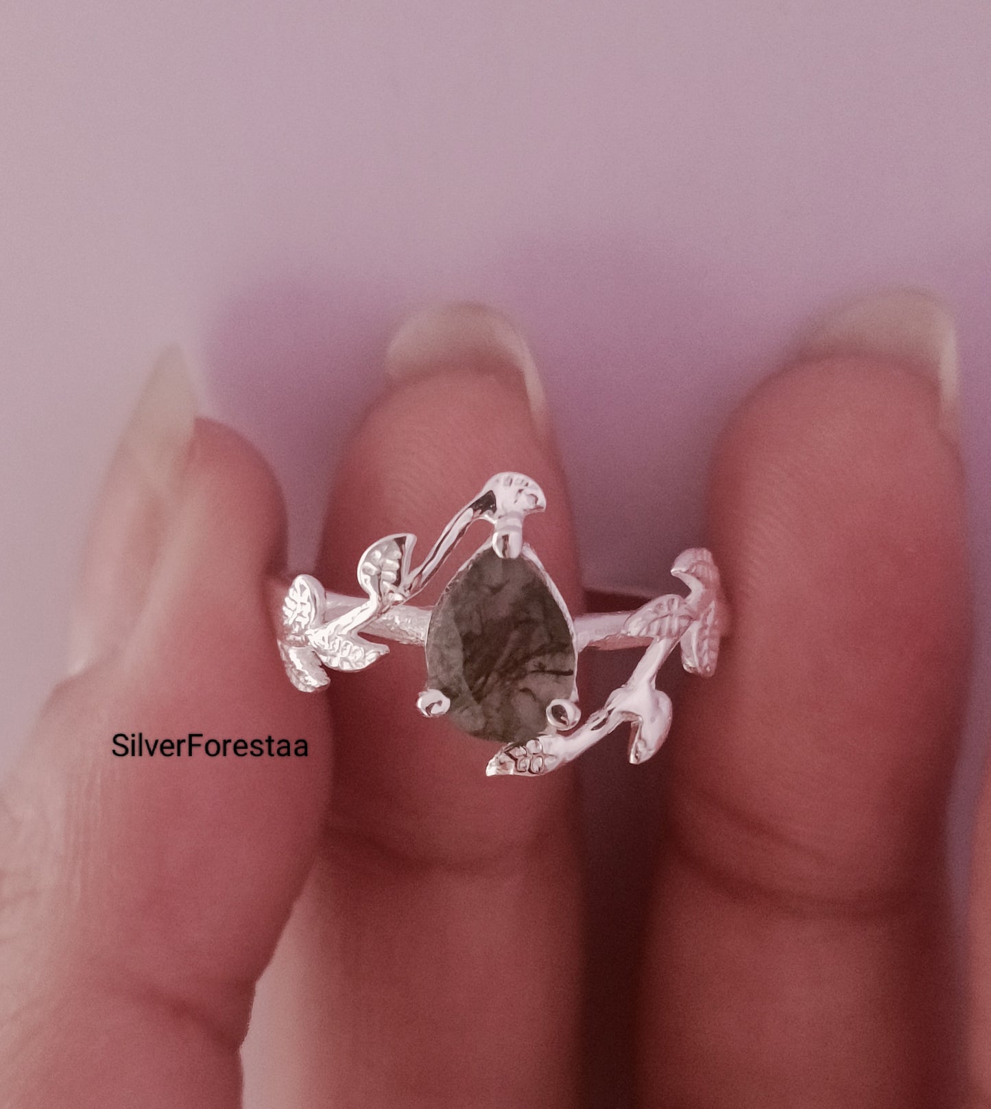 Nature's Embrace: Moss Agate Leaf Ring in Solid Silver