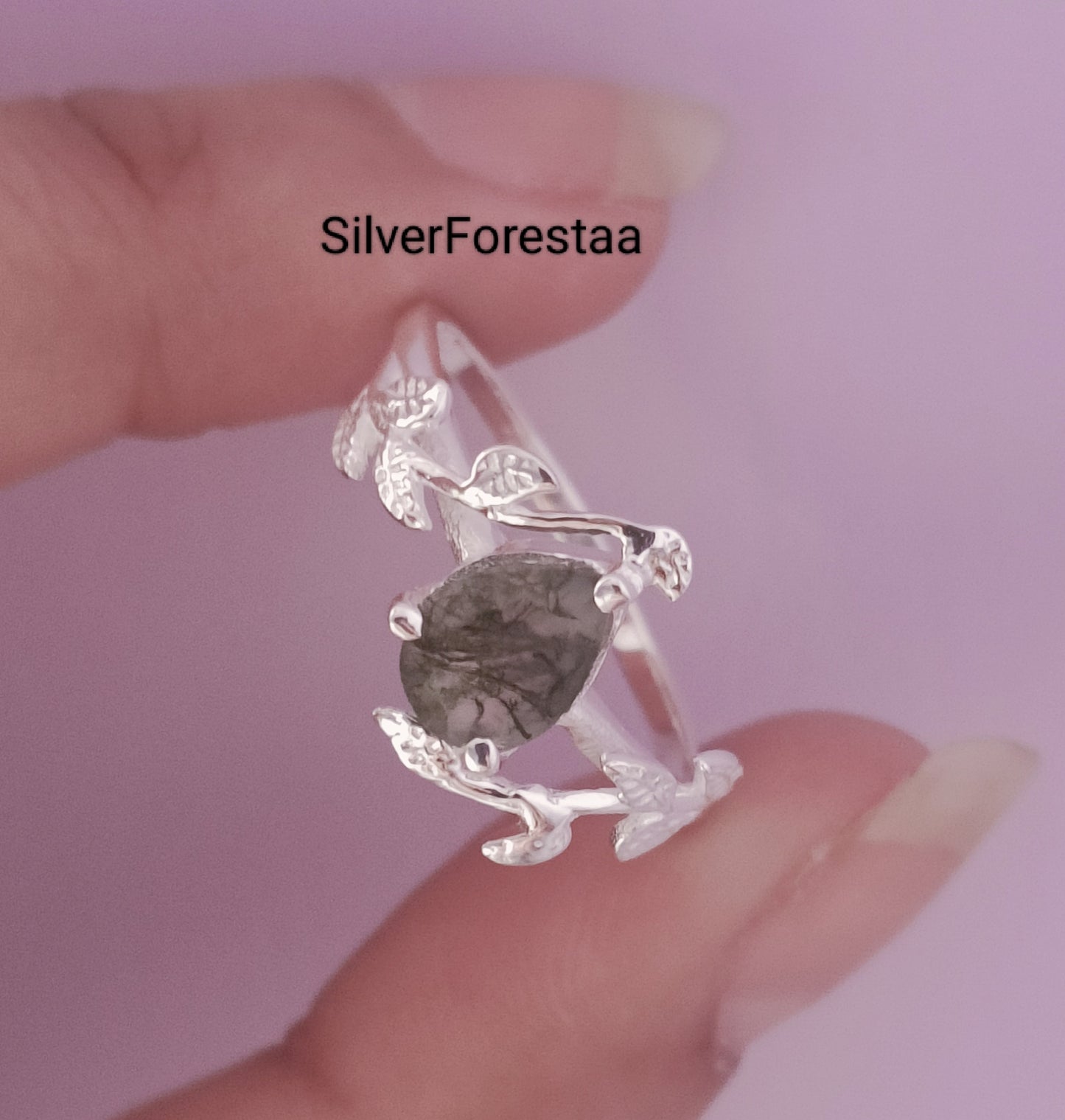 Nature's Embrace: Moss Agate Leaf Ring in Solid Silver