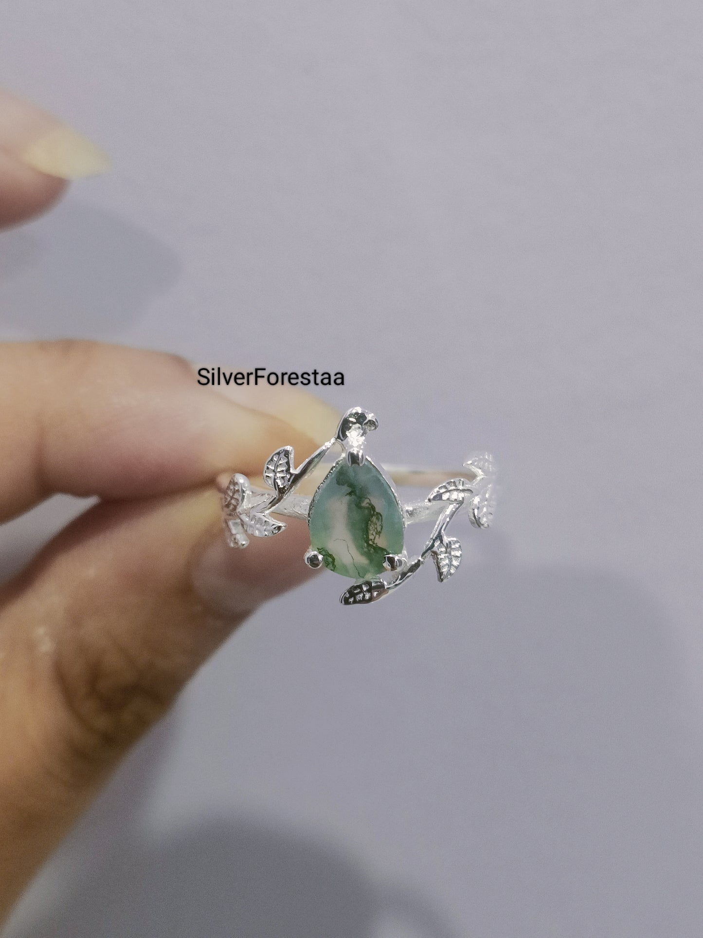Nature's Embrace: Moss Agate Leaf Ring in Solid Silver