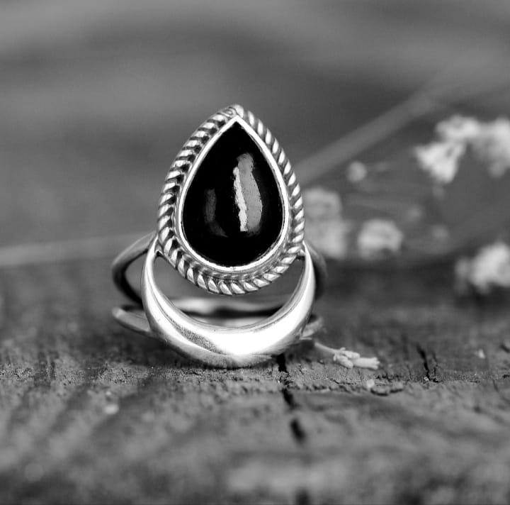 Black Tourmaline Ring - Handmade Crescent Moon Jewelry