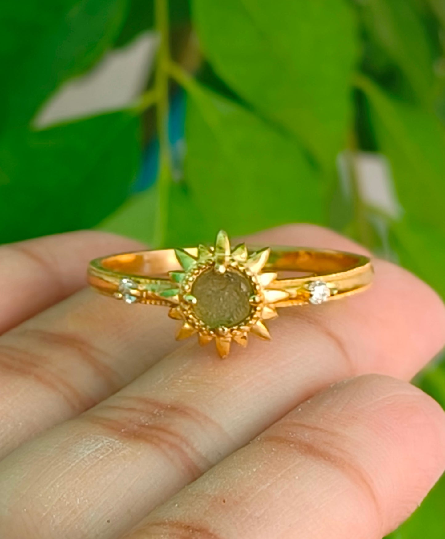 Natural Rough Moldavite Sunburst Silver Ring - SilverForestaa