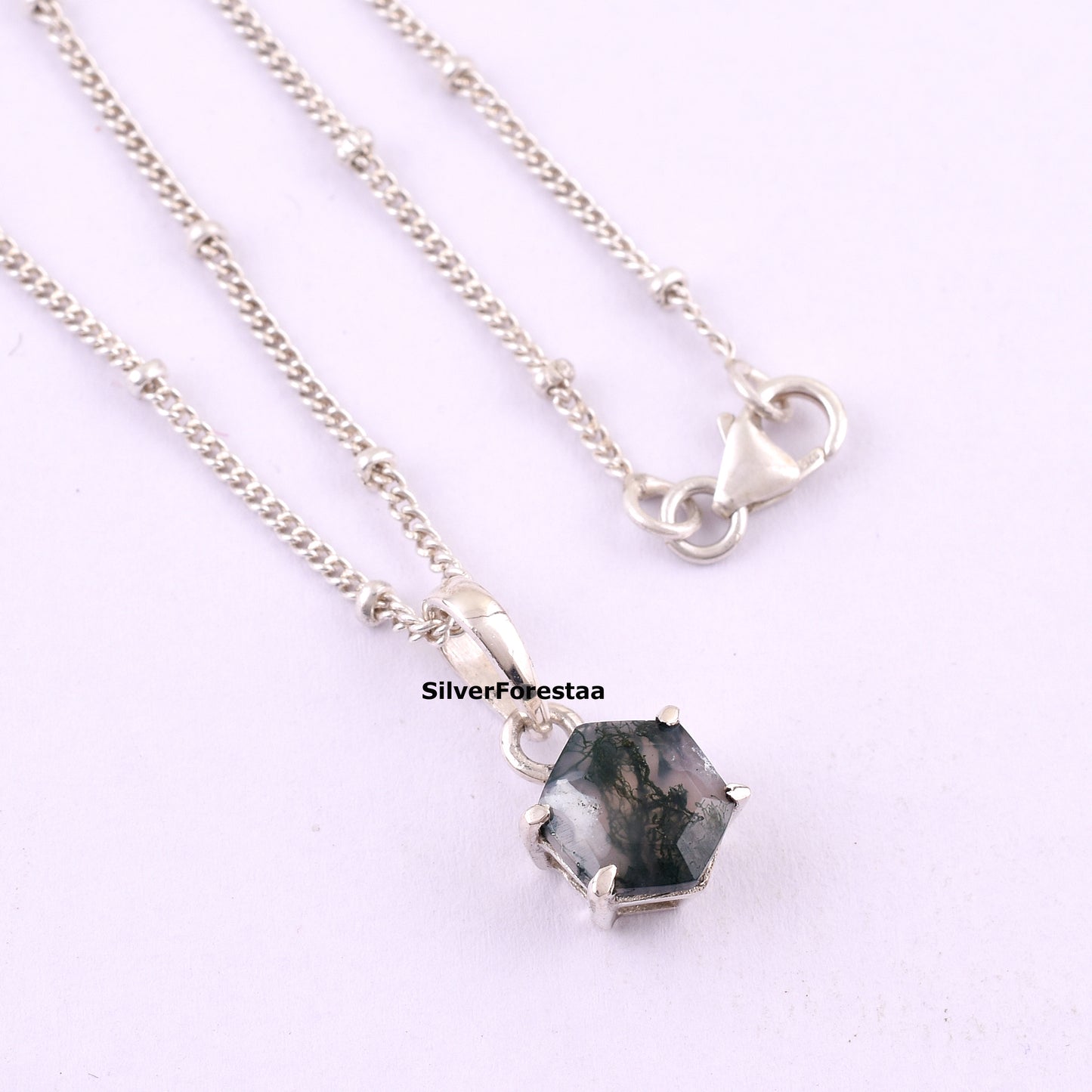 Moss Agate Gemstone Necklace – Boho Style in 925 Sterling Silver