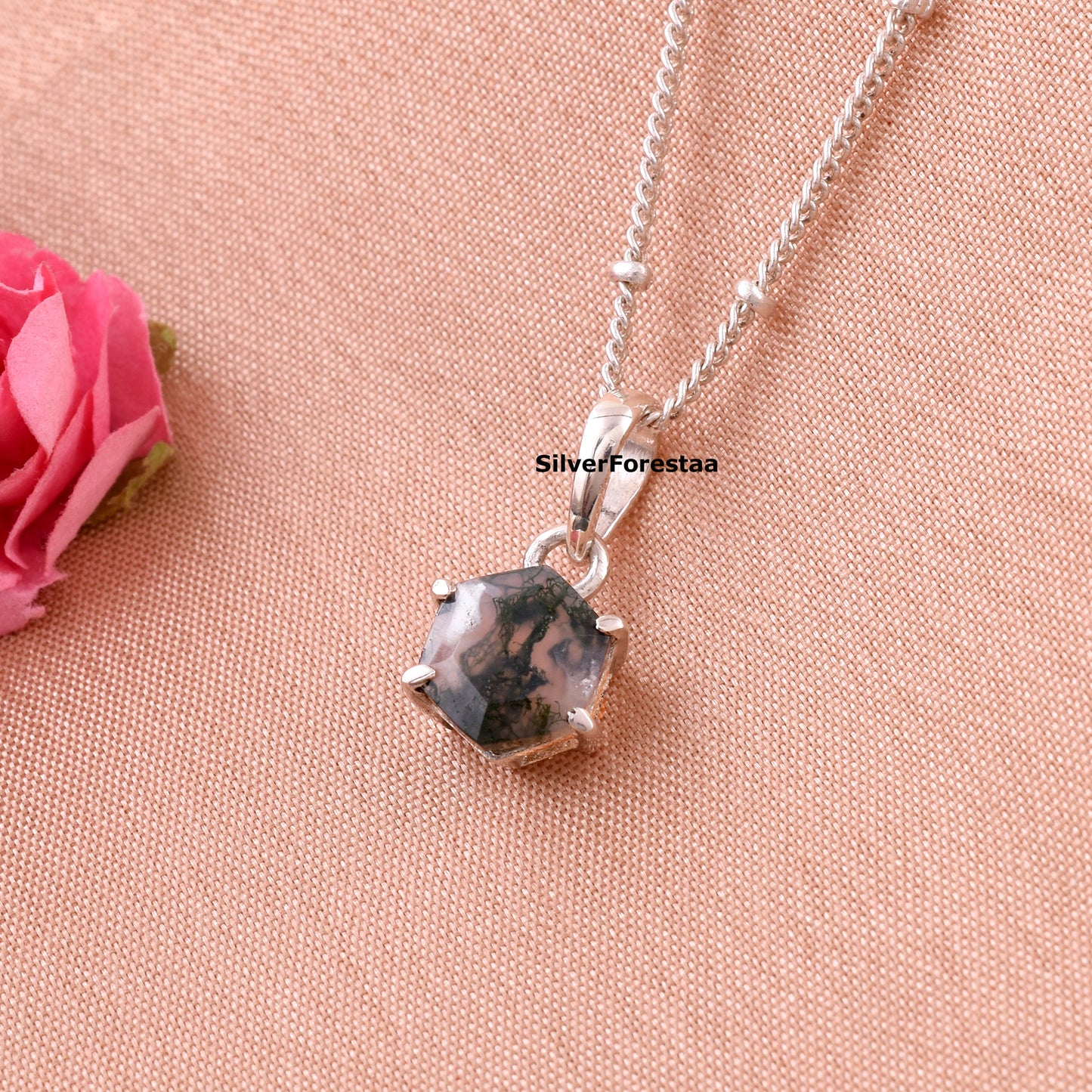 Moss Agate Gemstone Necklace – Boho Style in 925 Sterling Silver