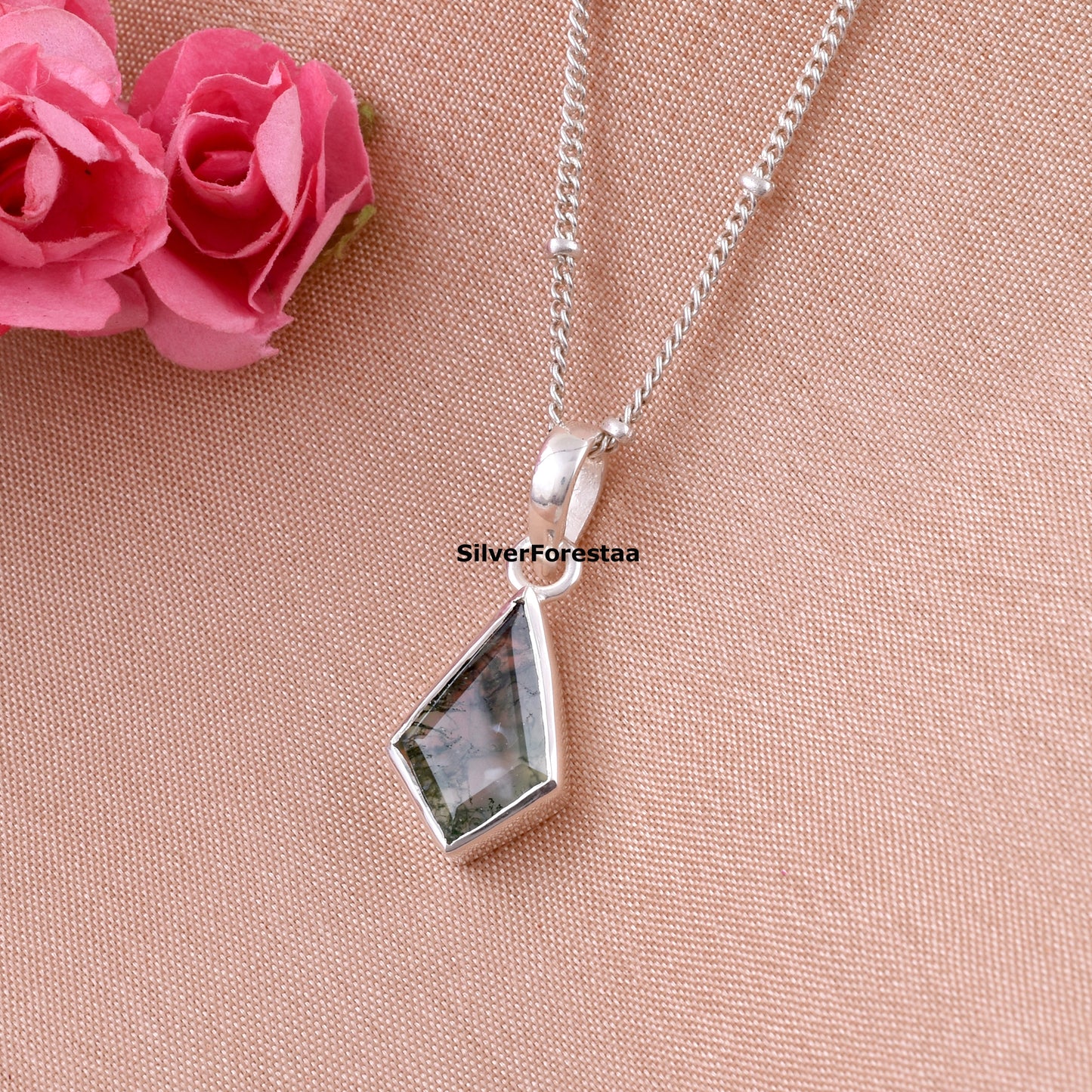 Sterling Silver Moss Agate Necklace for Women – Organic Gemstone Jewelry