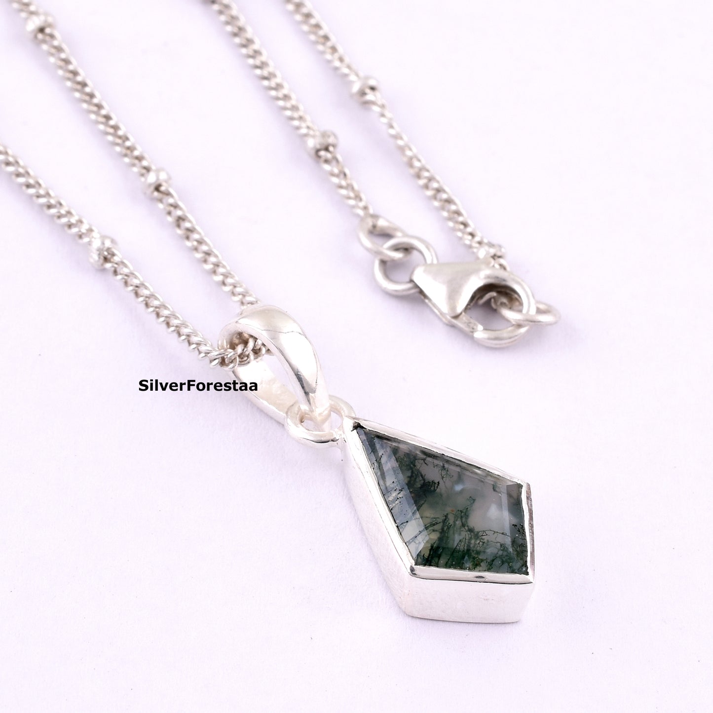 Sterling Silver Moss Agate Necklace for Women – Organic Gemstone Jewelry