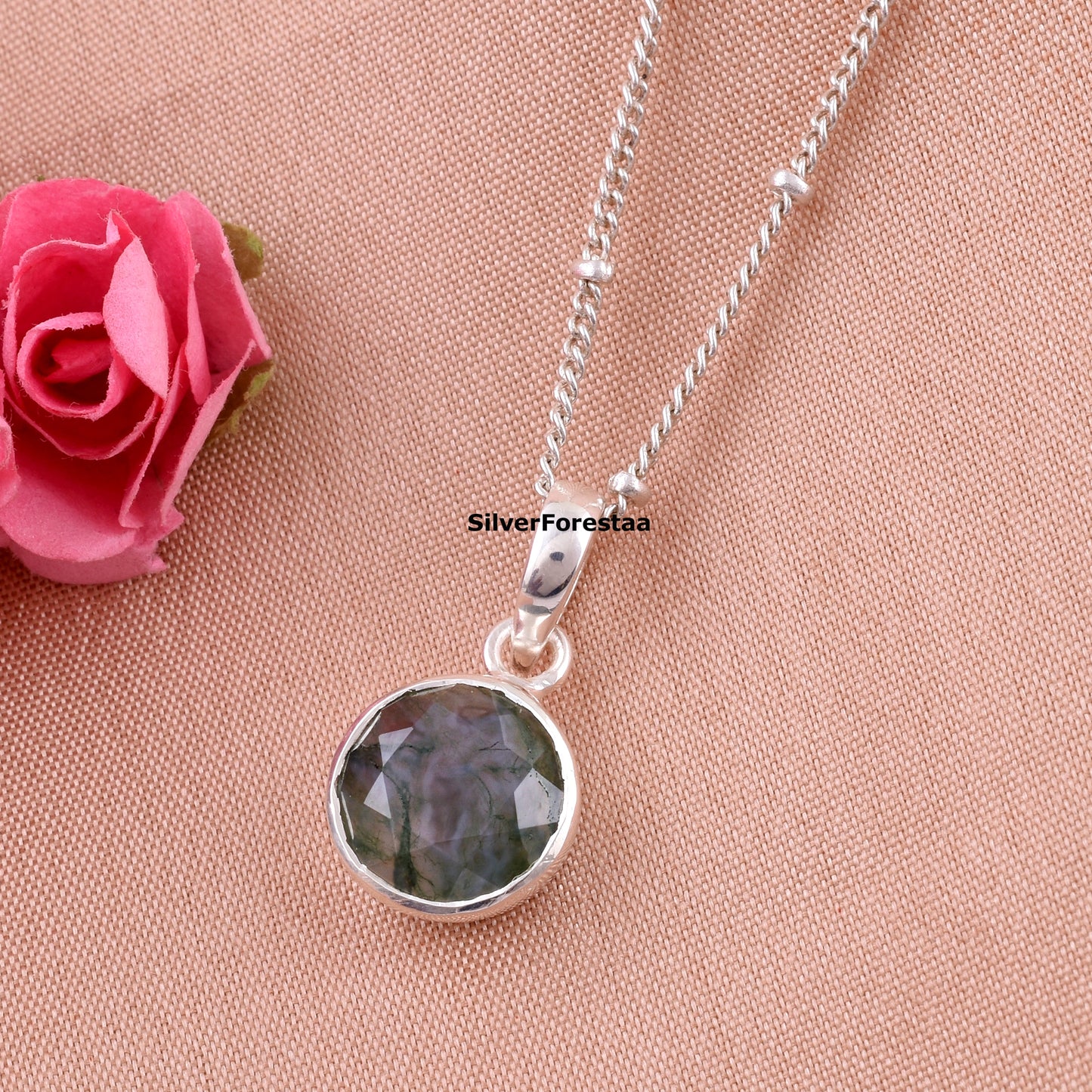 Moss Agate Pendant Necklace in 925 Sterling Silver – Nature’s Elegance - SILVERFORESTAA