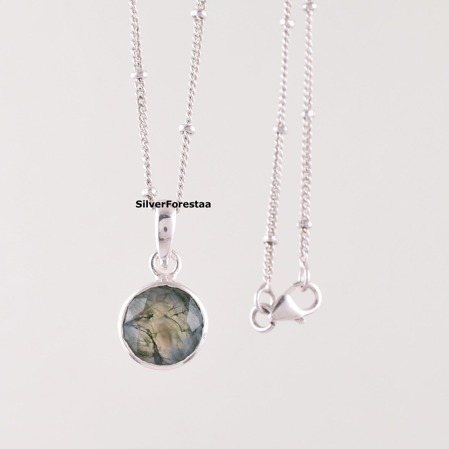 Moss Agate Pendant Necklace in 925 Sterling Silver – Nature’s Elegance - SILVERFORESTAA