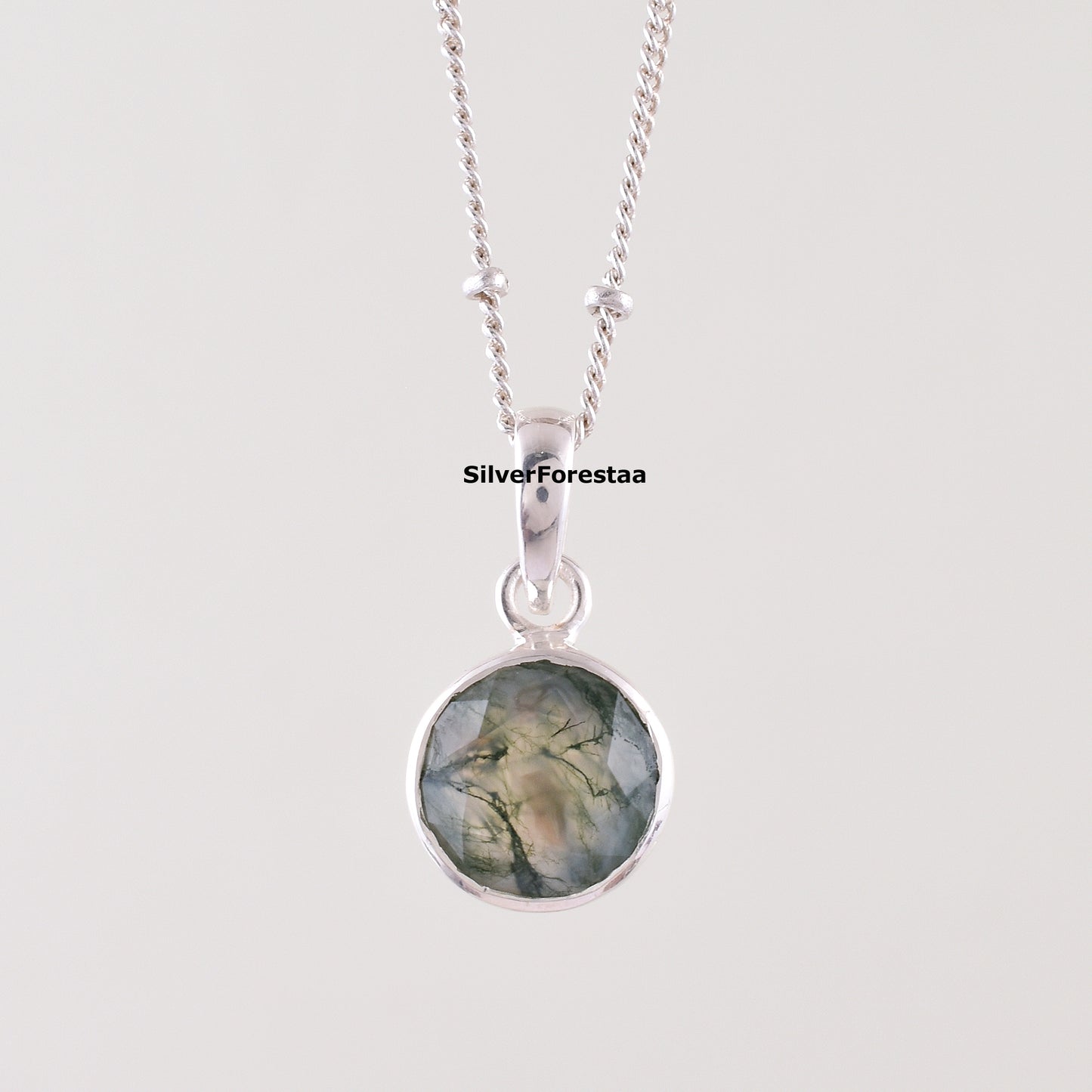 Moss Agate Pendant Necklace in 925 Sterling Silver – Nature’s Elegance - SILVERFORESTAA