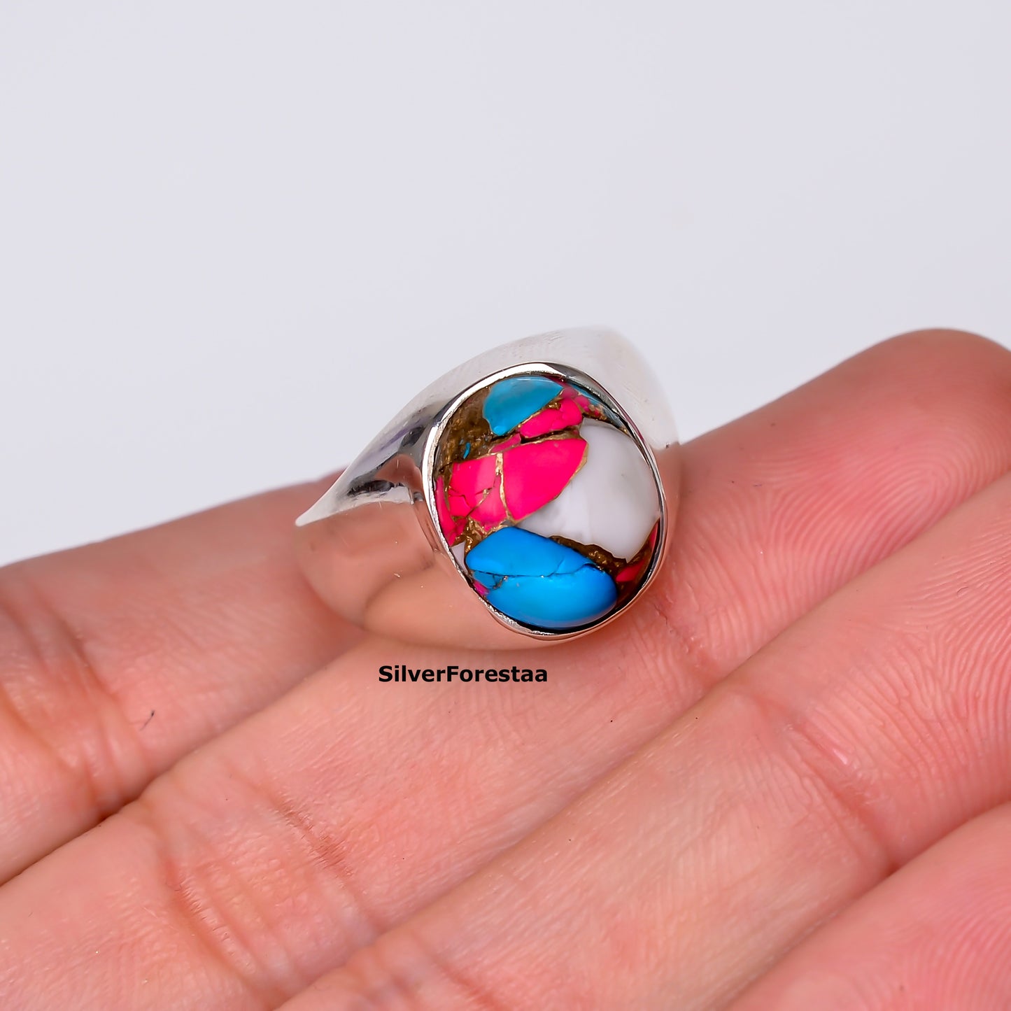 Handcrafted Cotton Candy Turquoise Ring – 925 Silver Boho Gem