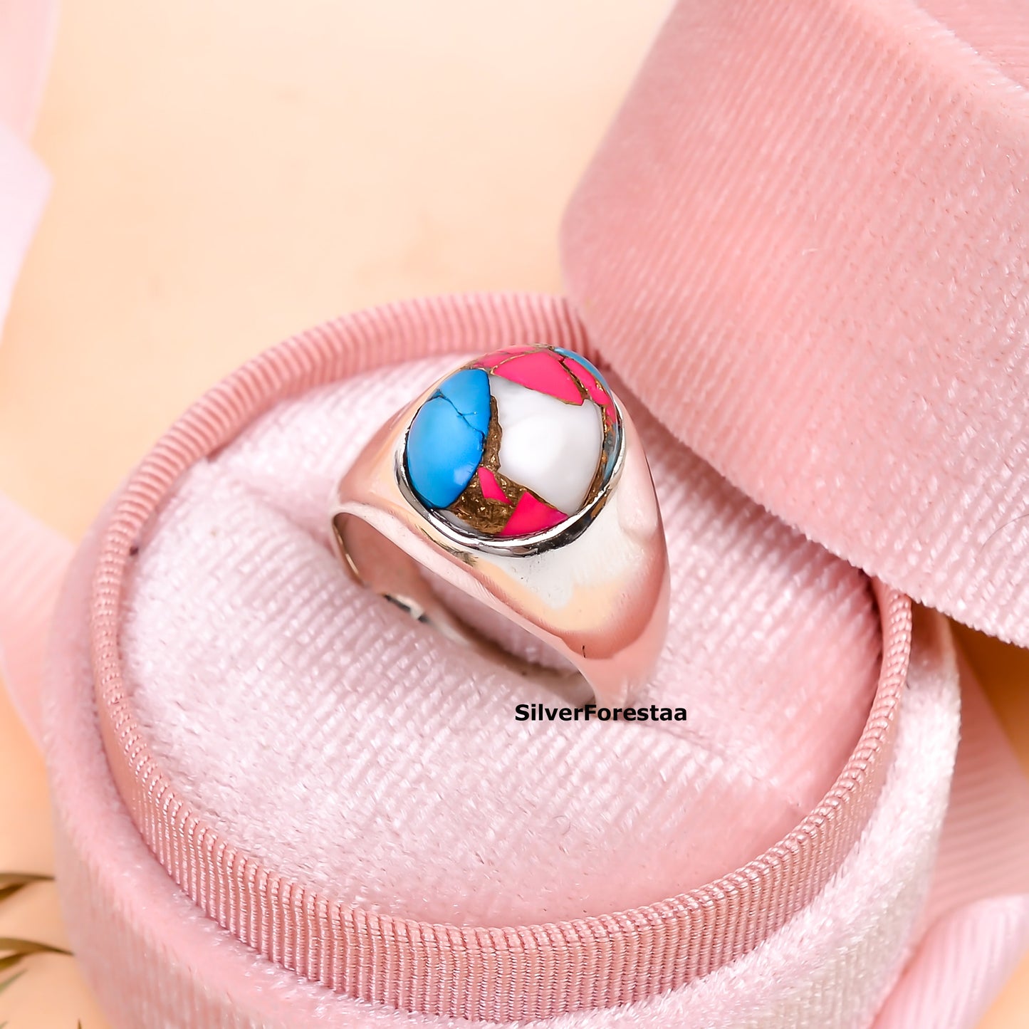 Handcrafted Cotton Candy Turquoise Ring – 925 Silver Boho Gem