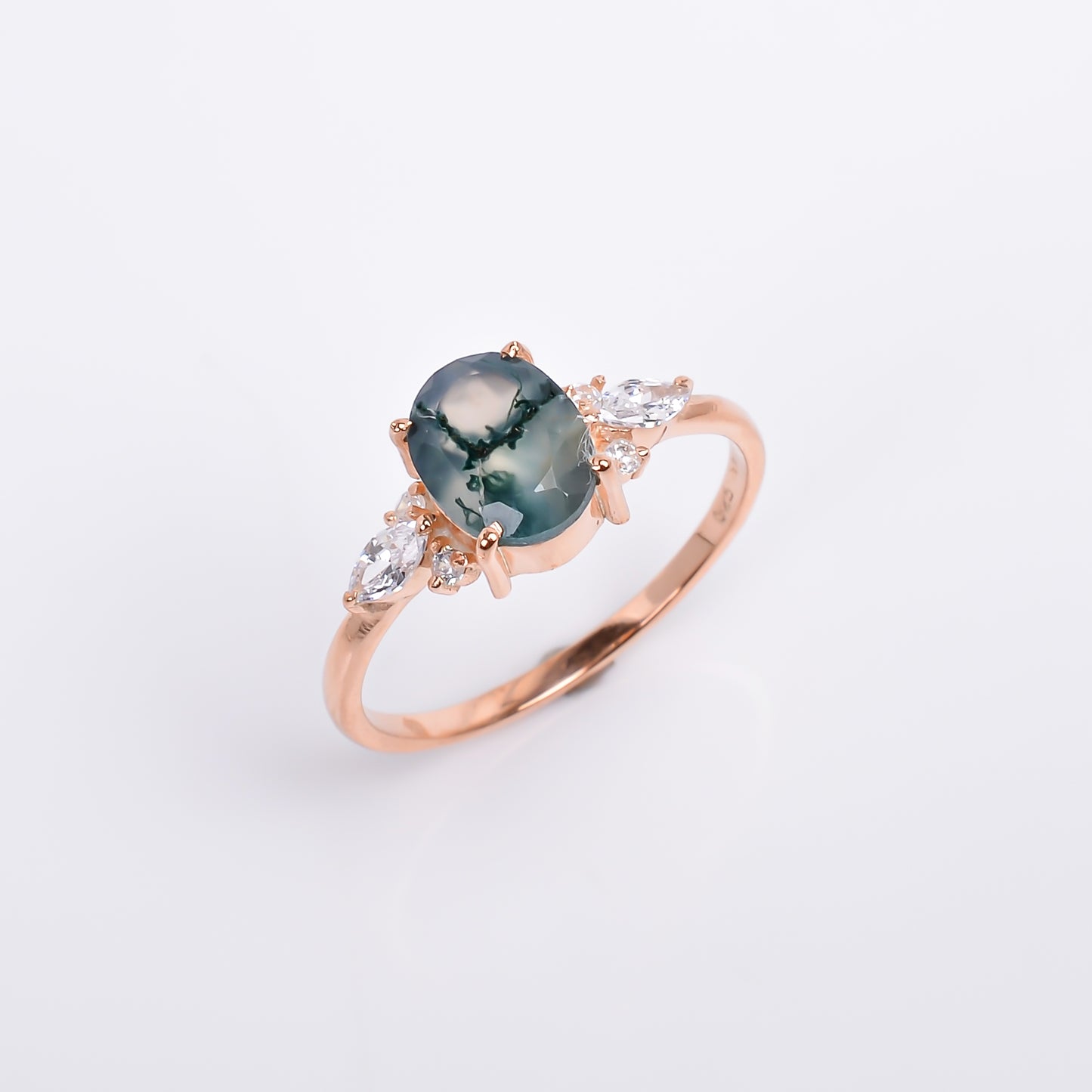 Oval Moss Agate Dainty Engagement Ring – 925 Silver