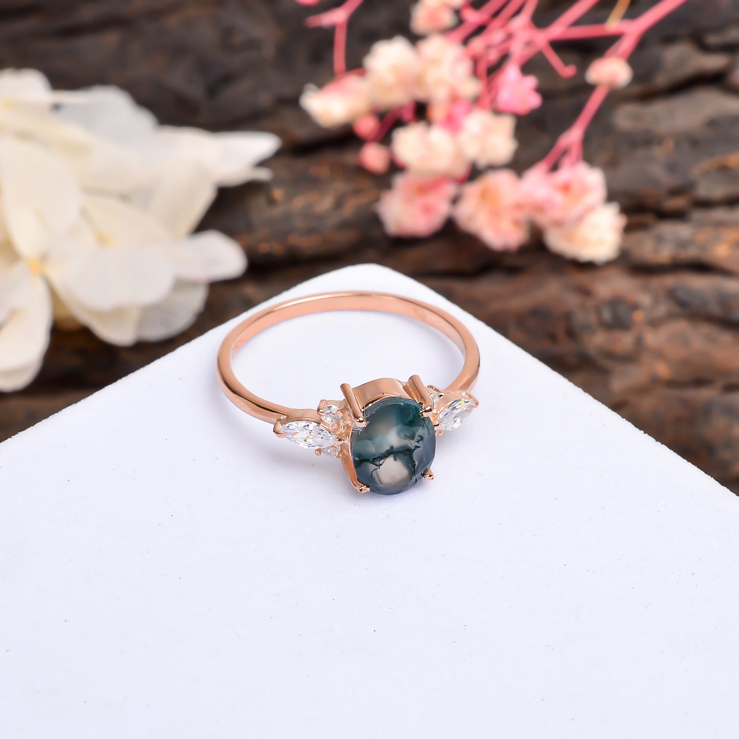 Oval Moss Agate Dainty Engagement Ring – 925 Silver