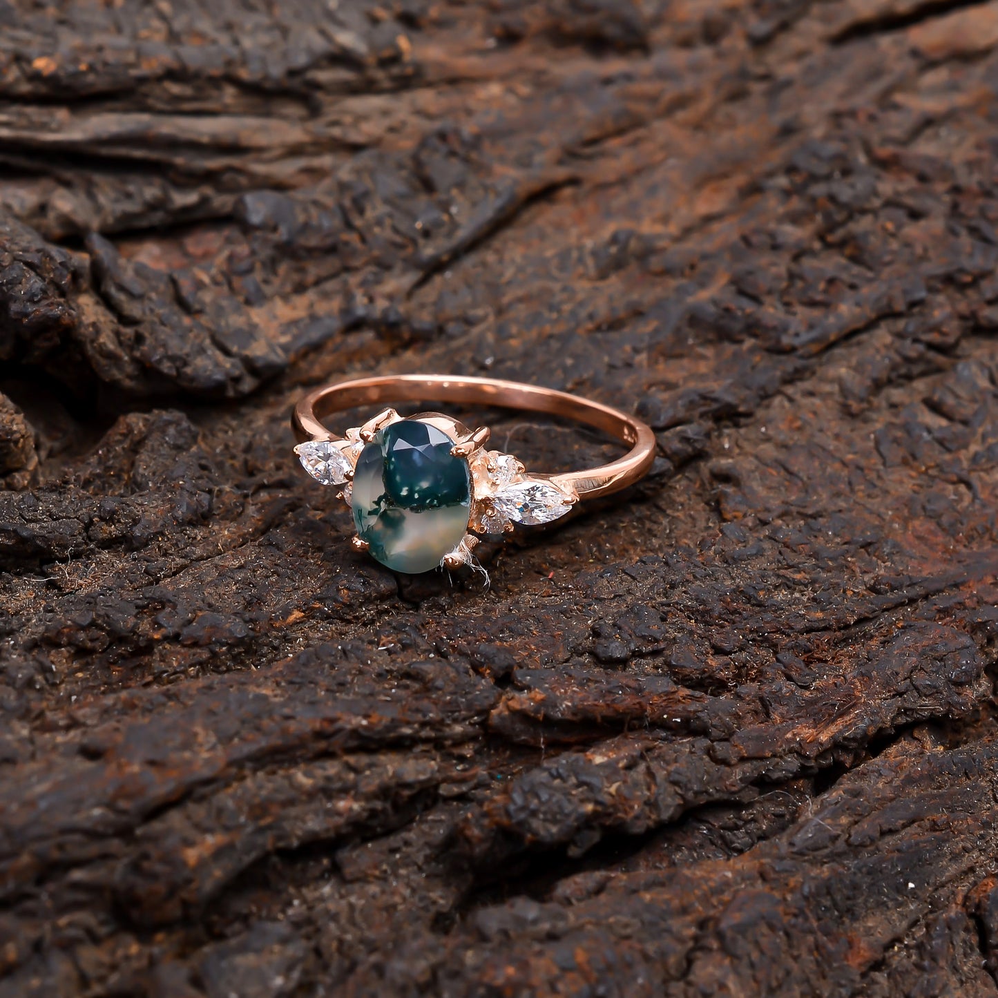 Oval Moss Agate Dainty Engagement Ring – 925 Silver