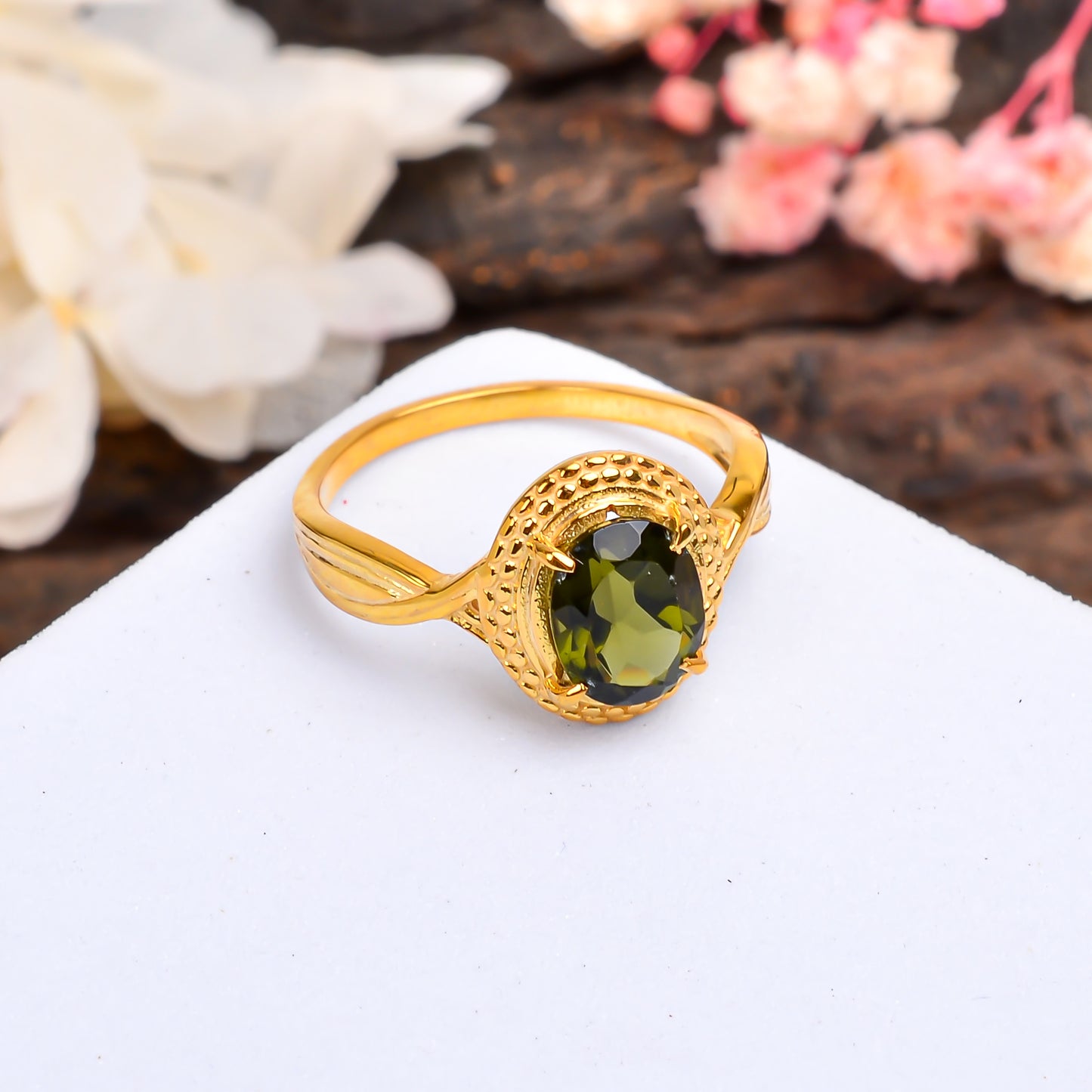 Polished Moldavite Sterling Silver Bridal Ring for Her