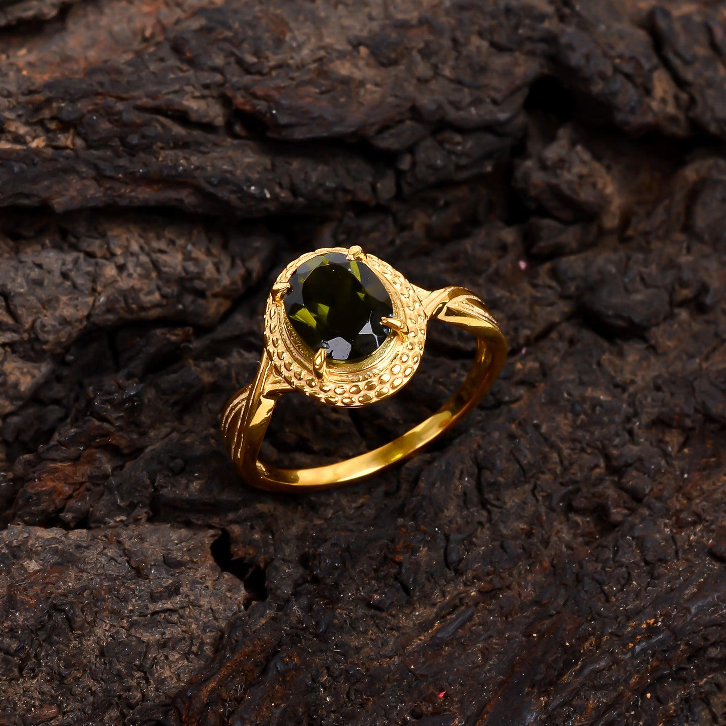 Polished Moldavite Sterling Silver Bridal Ring for Her