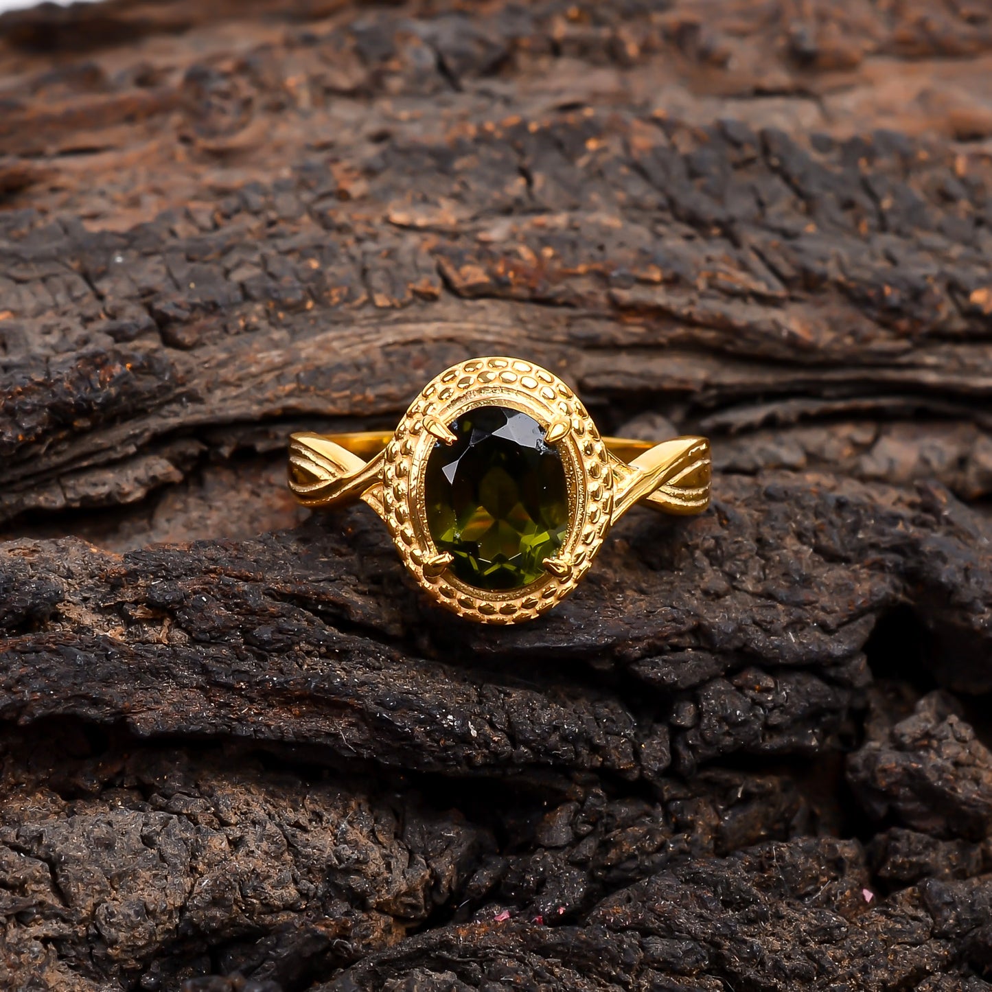 Polished Moldavite Sterling Silver Bridal Ring for Her