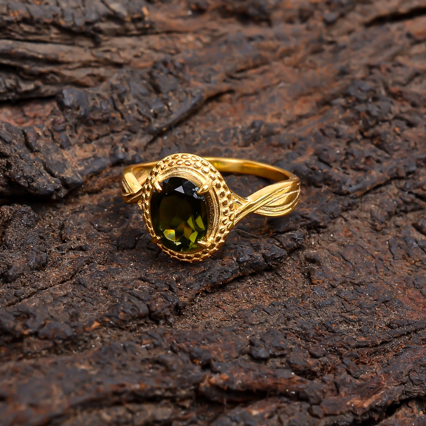 Polished Moldavite Sterling Silver Bridal Ring for Her