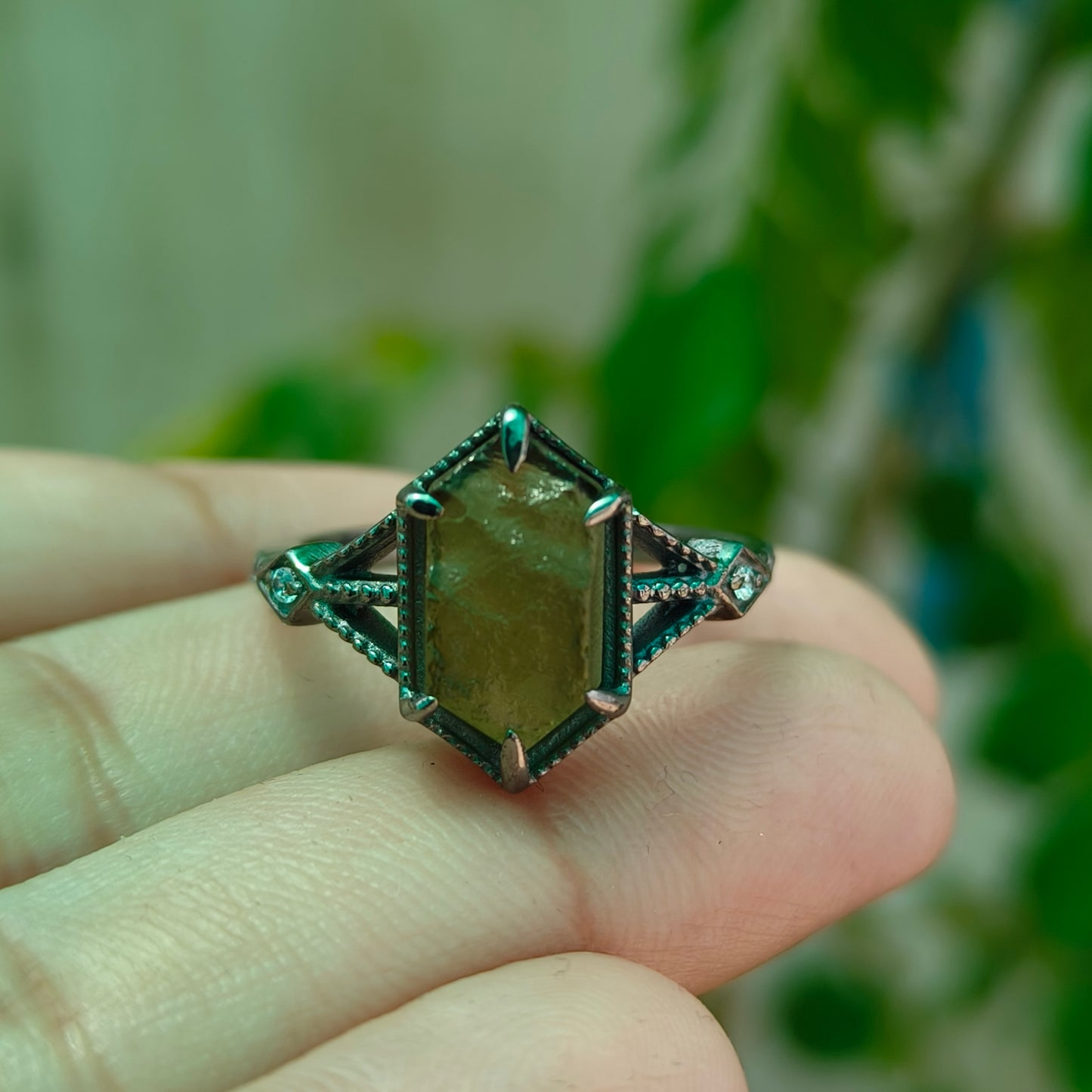 Women’s Raw Moldavite Ring | 925 Sterling Silver Boho Jewelry