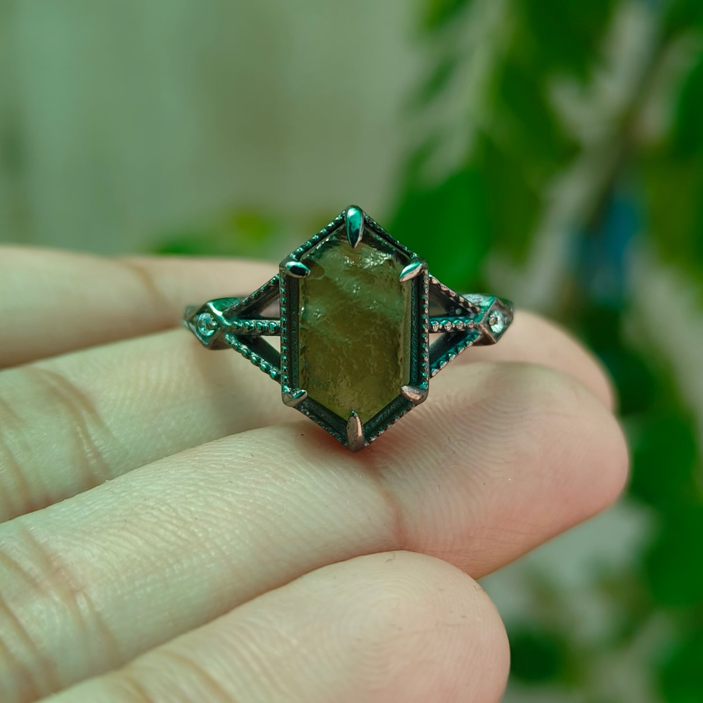 Women’s Raw Moldavite Ring | 925 Sterling Silver Boho Jewelry