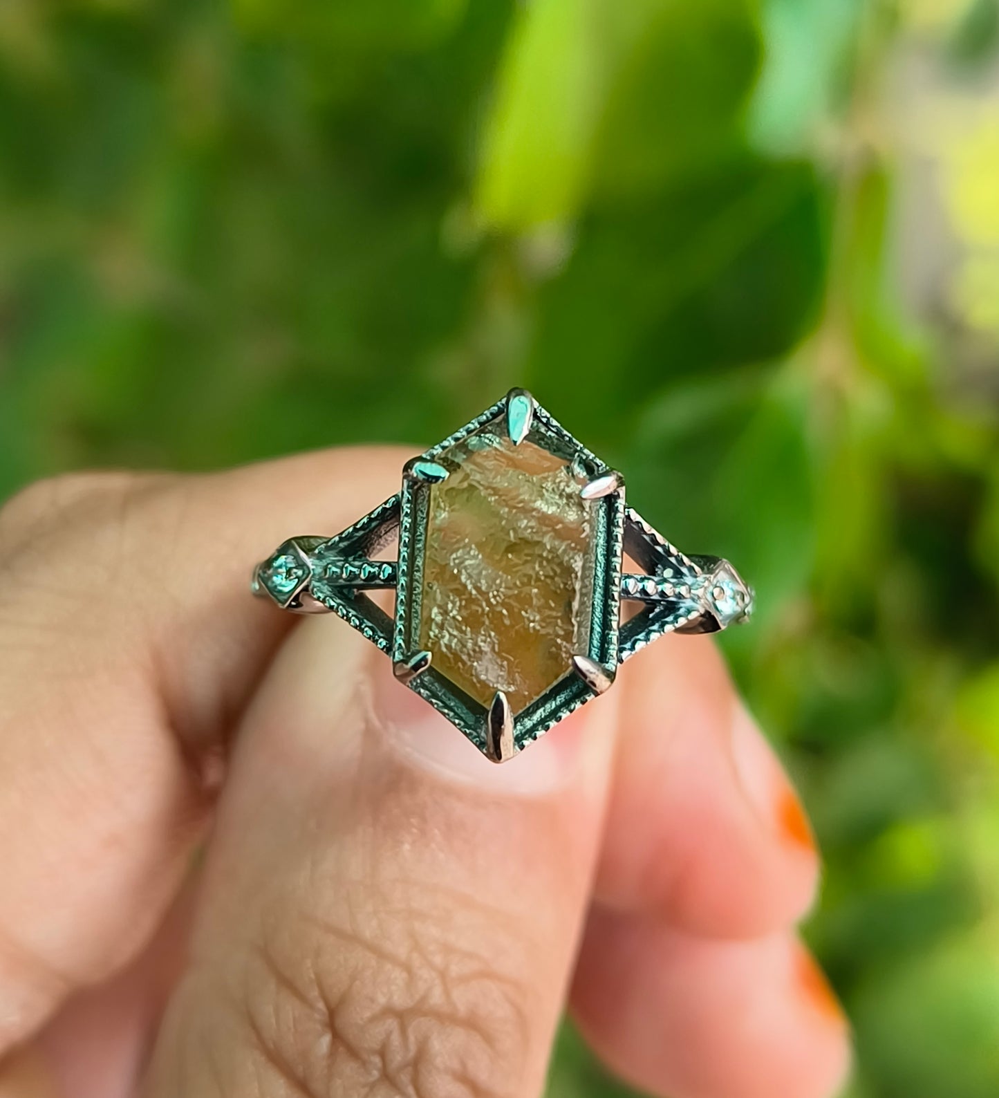 Women’s Raw Moldavite Ring | 925 Sterling Silver Boho Jewelry