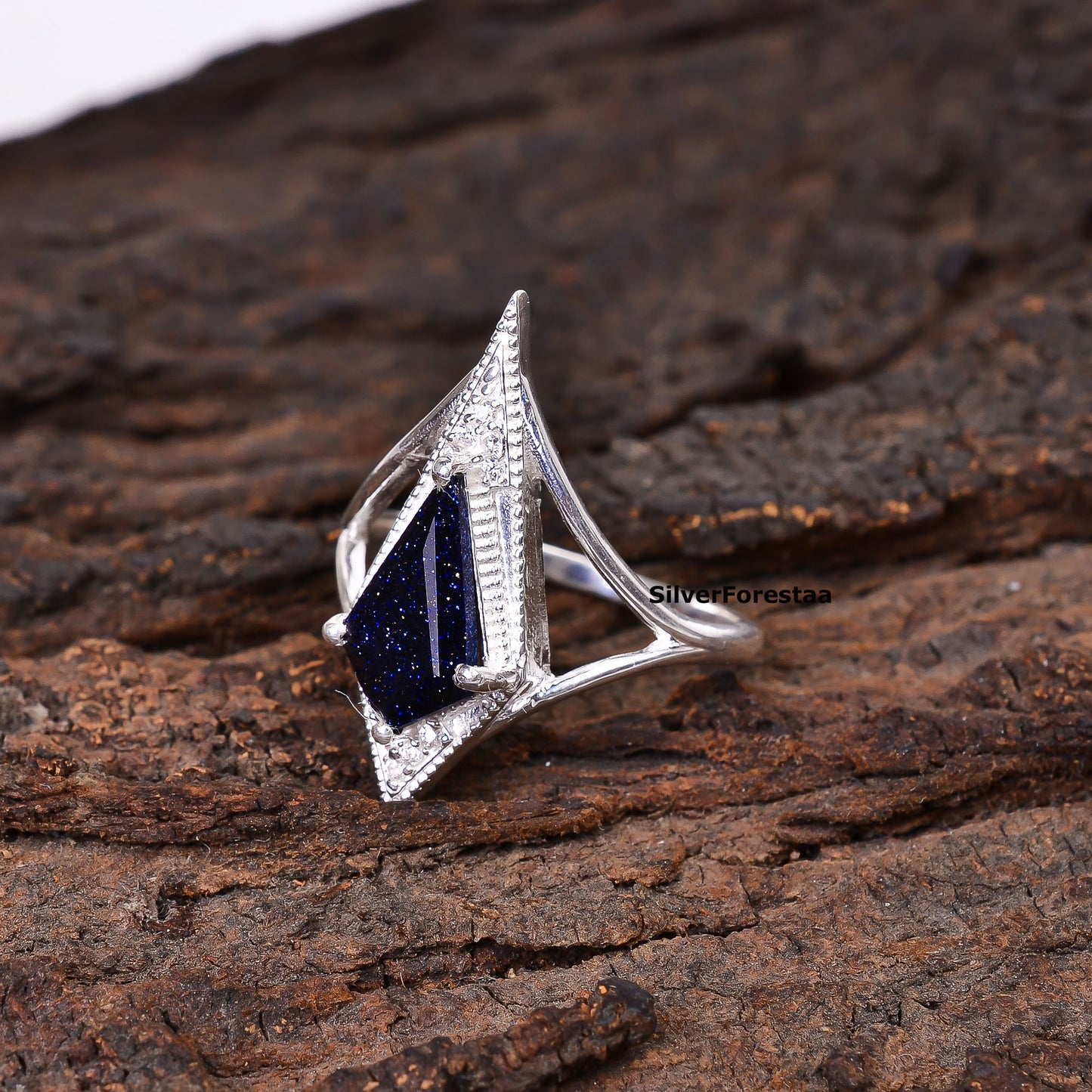 925 Silver Blue Sandstone Kite Shape Boho Ring