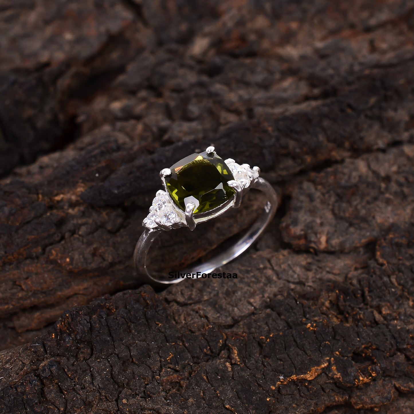 925 Sterling Silver Cut Moldavite Ring - Engagement Jewelry - SILVERFORESTAA