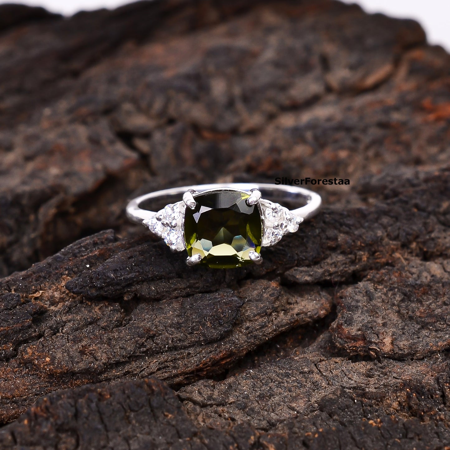 925 Sterling Silver Cut Moldavite Ring - Engagement Jewelry - SILVERFORESTAA