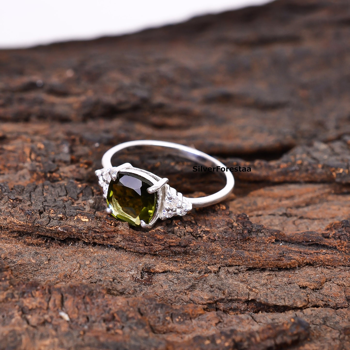925 Sterling Silver Cut Moldavite Ring - Engagement Jewelry - SILVERFORESTAA